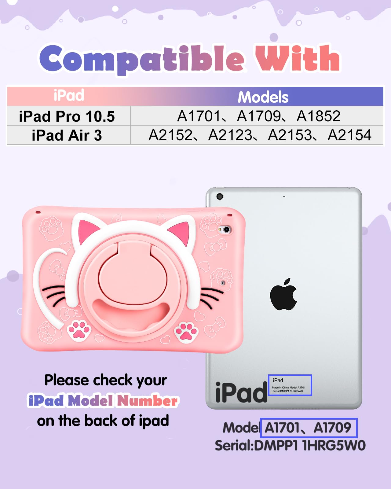 Wazzasoft For Ipad Air 3Rd Generation Case, Pro 10.5    Case Girls Cute Cat Kawaii Cover Girly 3D Cartoon With Rotating Handle S