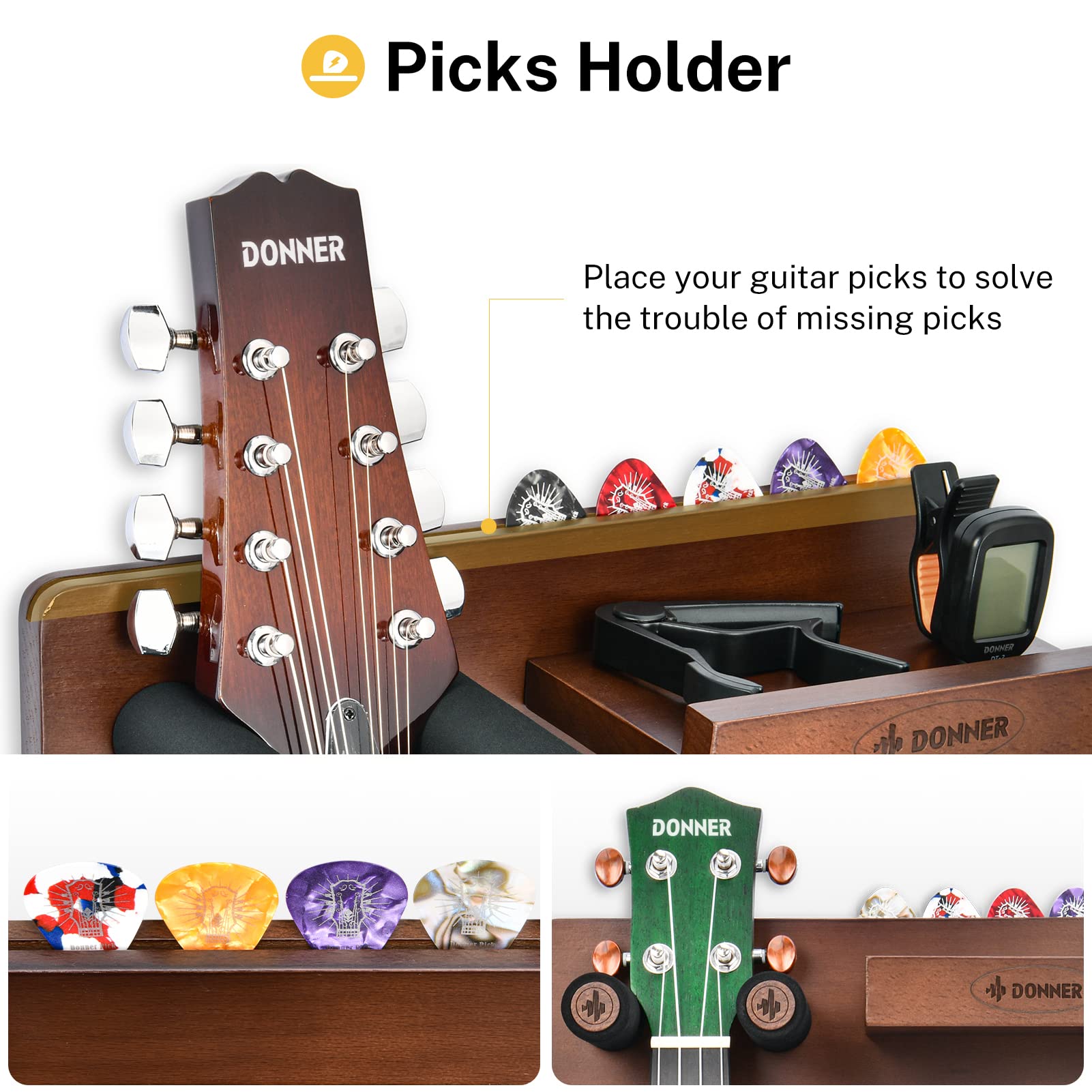 Donner Guitar Wall Mount Shelf, Guitar Wall Hanger With Storage Shelf, Pick Holder And 2 Hook, Guitar Wood Hanging Rack For Elec