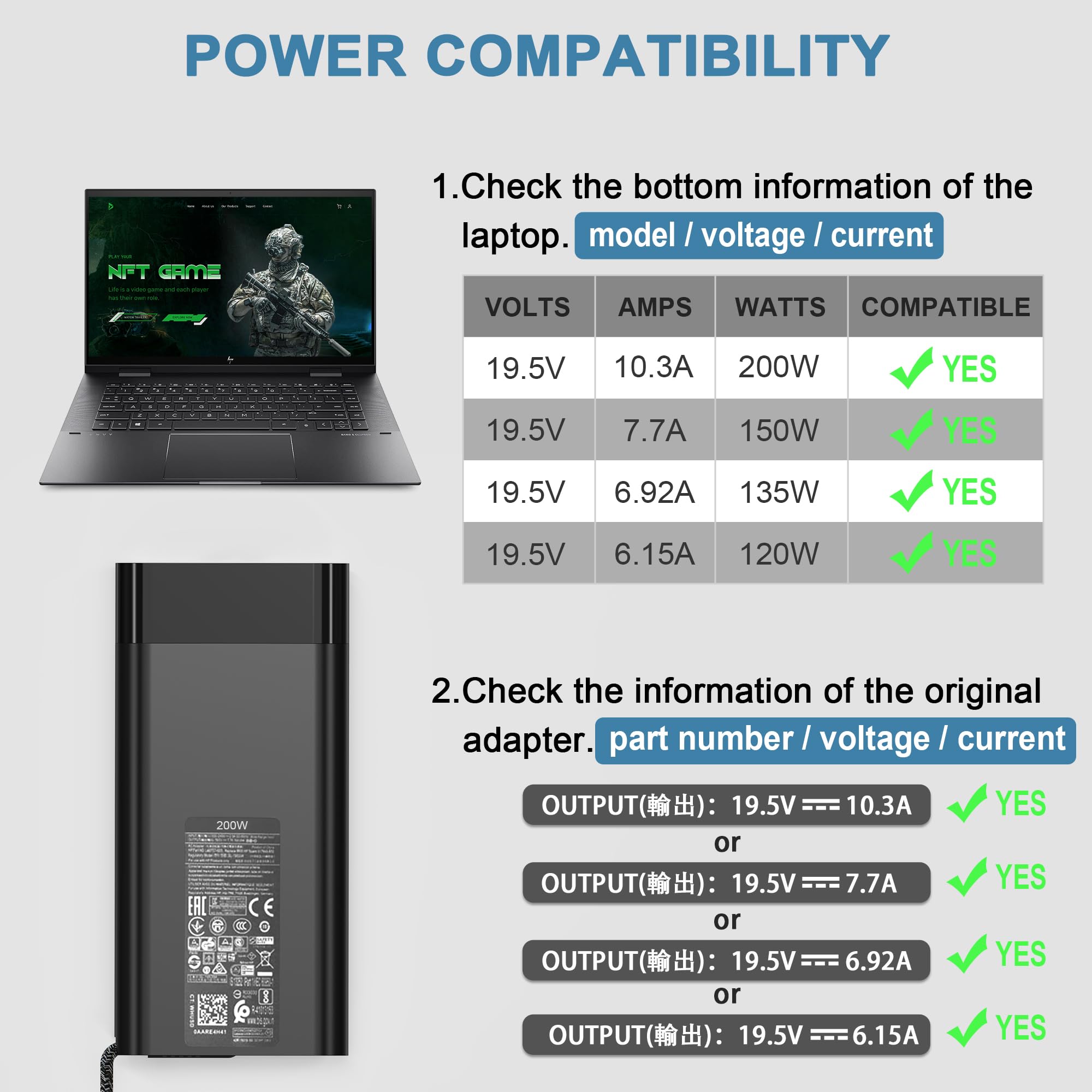 Xoubz 200W 10.3A Laptop Charger For Original Hp Omen 15 16 17 Victus 15 16 Zbook Fury Studio 15 16 Pavilion Gaming 15 16 17 Envy 16 17 Tpn Da10 L00818 850 Tpn La21 Adp 200Hb B Ac Adapter Power