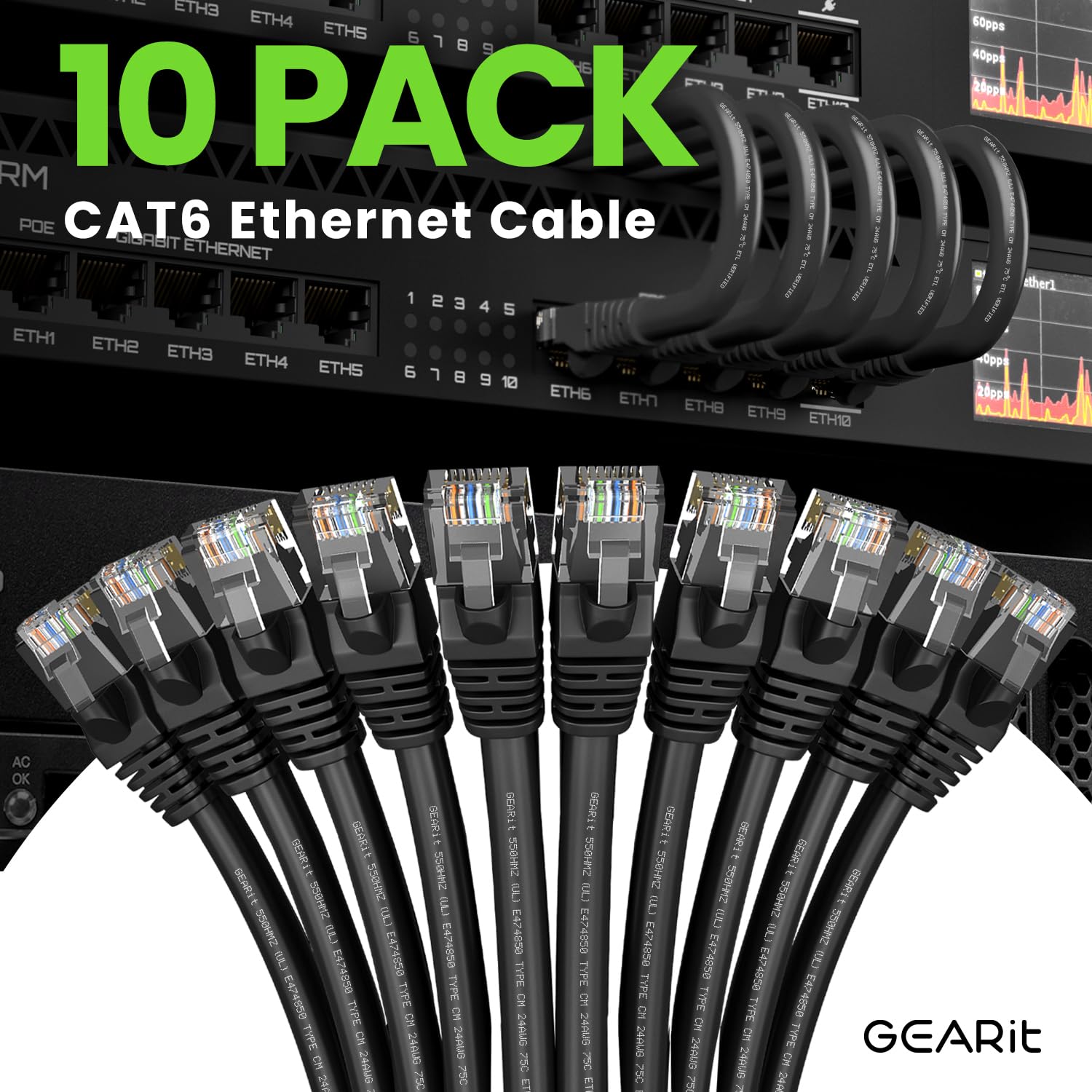 Gearit 6 Foot Cat 6 Ethernet Cable, For Pc, Router, Cat6 Patch Cable, 10 Gbps, Cat 6 Patch Cable, High Speed, Cat6 Cable, High S