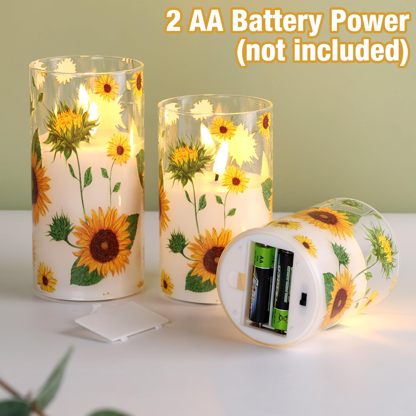 Eywamage Sunflower Flameless Candles In Glass Jars, Flickering Battery Led Pillar Candles With Remote Set Of 3