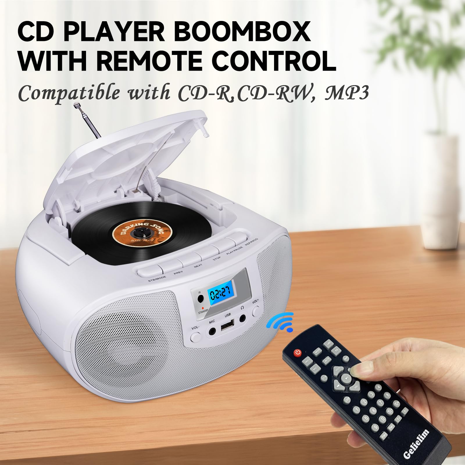 Gelielim Cd Player Boombox, Fm Radio With Bluetooth, Remote Control, Portable Cd Players For Home With Headphone, Mic Jack, Disc