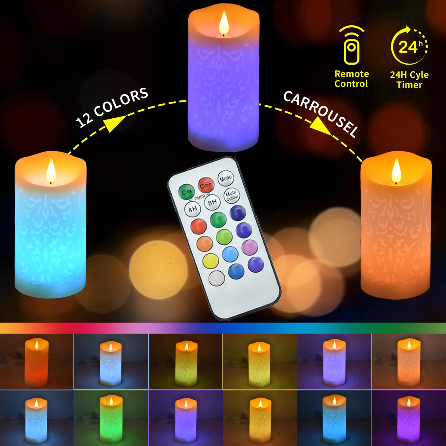 Niceme 6'' Led Multi Colored Flameless Candle With Remote Control Timer Realistic Wax Color Changing Candle Battery Operated Can