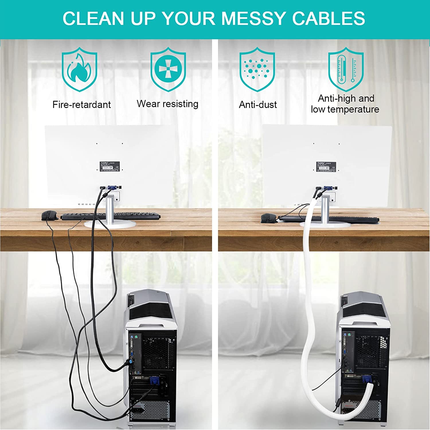 20Ft   3/8 Inch White Cable Sleeve, Cable Organizer For Desk Pc Tv Computer, Wire Protector Cable Wrap Cover, Cord Management Fo