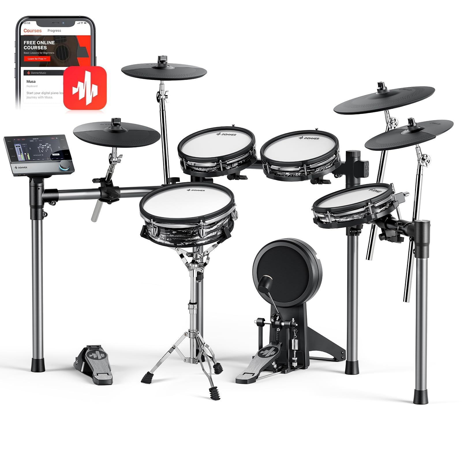 Donner Beat Max Electronic Drum Set, Electric Drum Kit with 12  Quiet Mesh Drum Pads, 14  Cymbals w/Choke, 100 Kits and 1100+ So