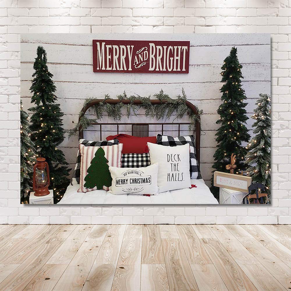 Mehofond 8X6Ft Christmas Photography Background Merry And Bright Christmas Tree Retro Wood Wall Headboard Bed Indoor Backdrops Winter Xmas Family Party Decoration Banner Child Photo Portrait Props