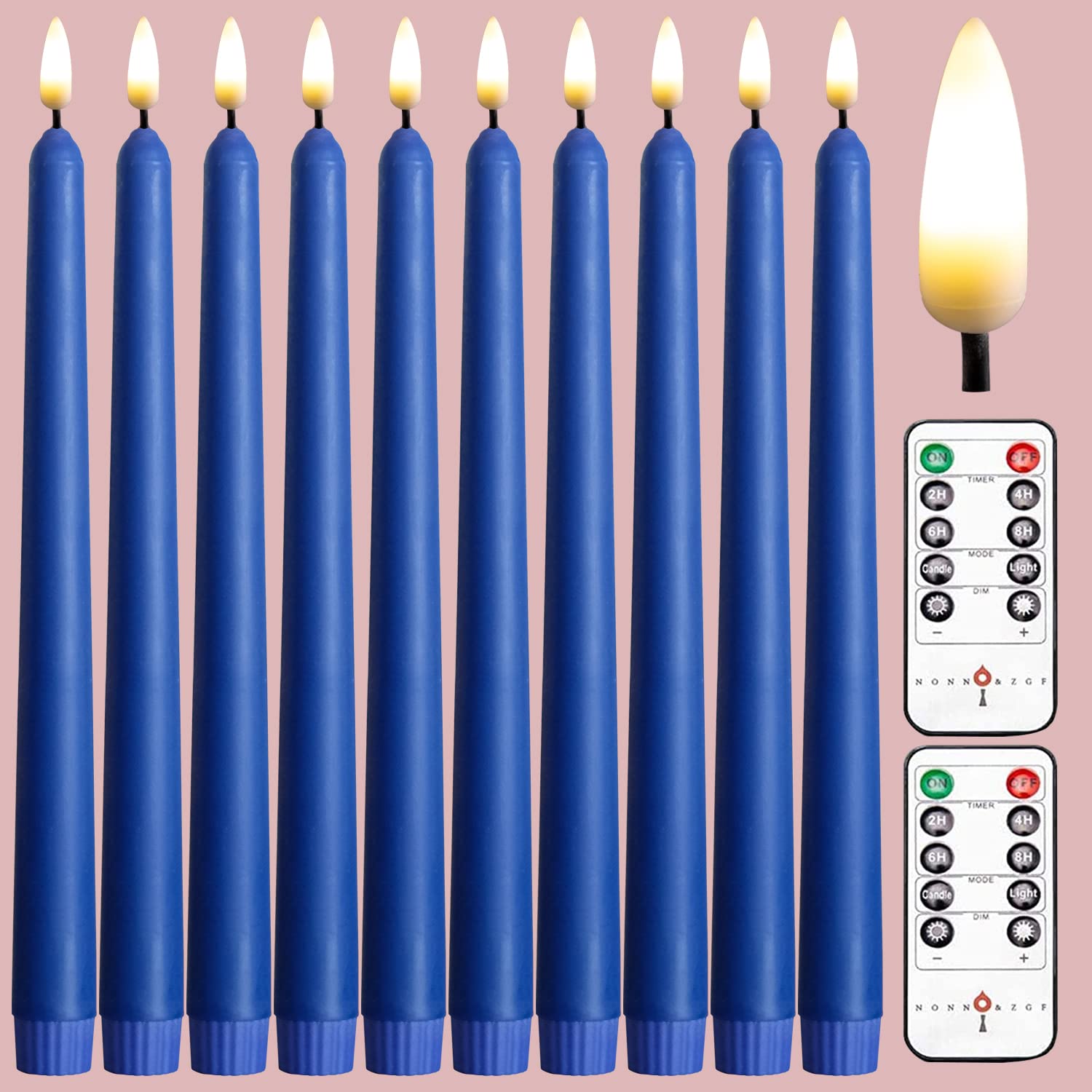 10 Pack Blue Flameless 11'' Wax Covered Taper Led Candles With 2 Remote, Runs 200 Hours, For Wedding, Hotel, Windows