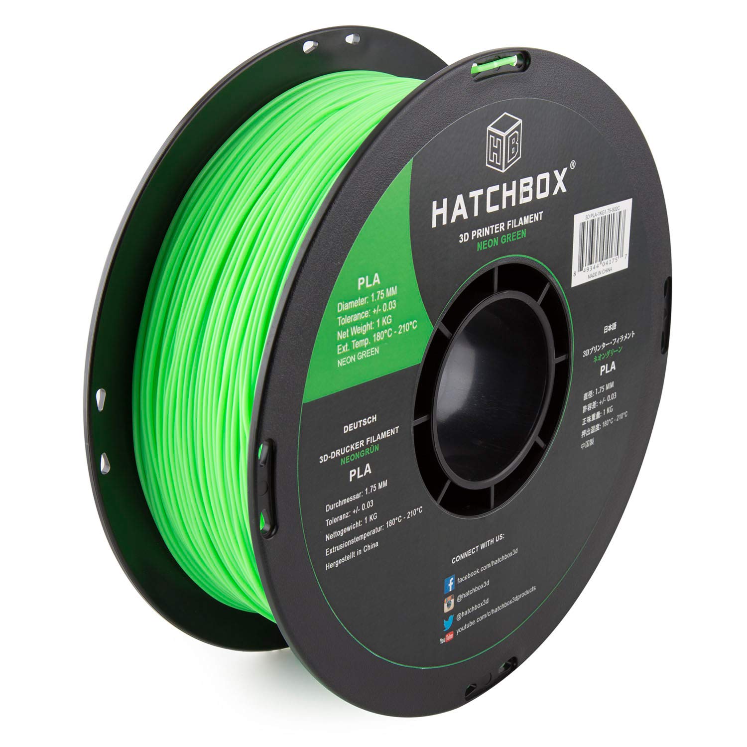 HATCHBOX 1.75mm Neon Green PLA 3D Printer Filament, 1 KG Spool, Dimensional Accuracy +/- 0.03 mm, 3D Printing Filament