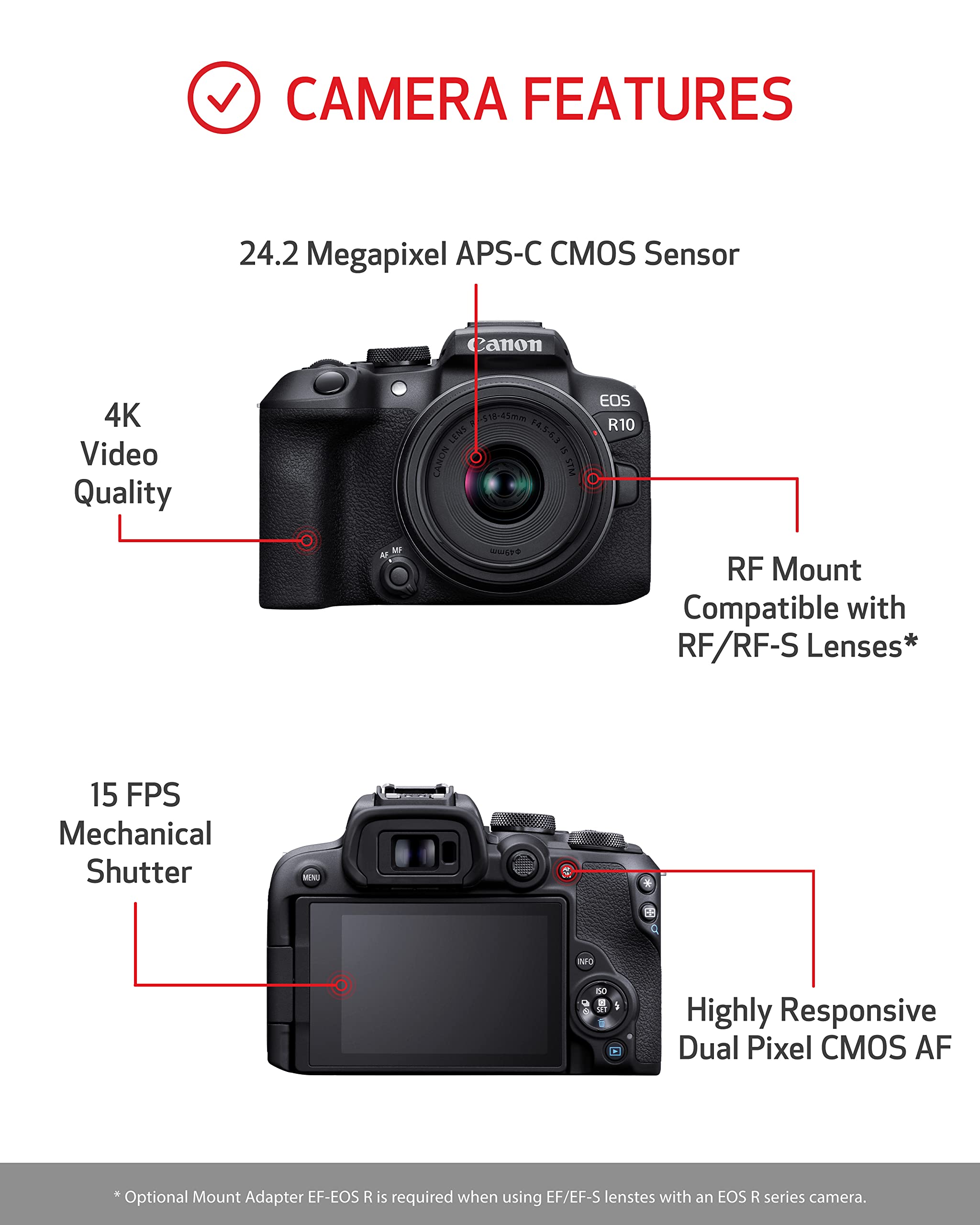 Canon EOS R10 Mirrorless Camera RF S18 45mm F4.5 6.3 is STM Lens Kit, Hybrid Camera, 24.2 Megapixel CMOS (APS C) Sensor, 4K Video, Vlogging Camera for Content Creators, Black