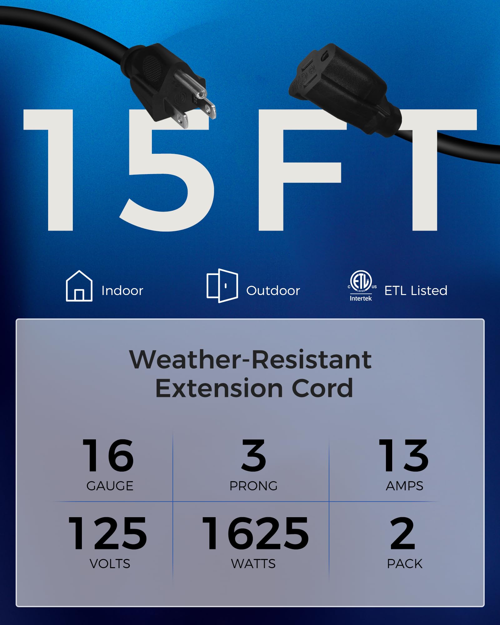 Wilawels 2 Pack Outdoor Extension Cord 15Ft, 16/3 Sjtw Durable Power Cable For Indoor And Outside Use, 3 Prong Grounded Outlets,