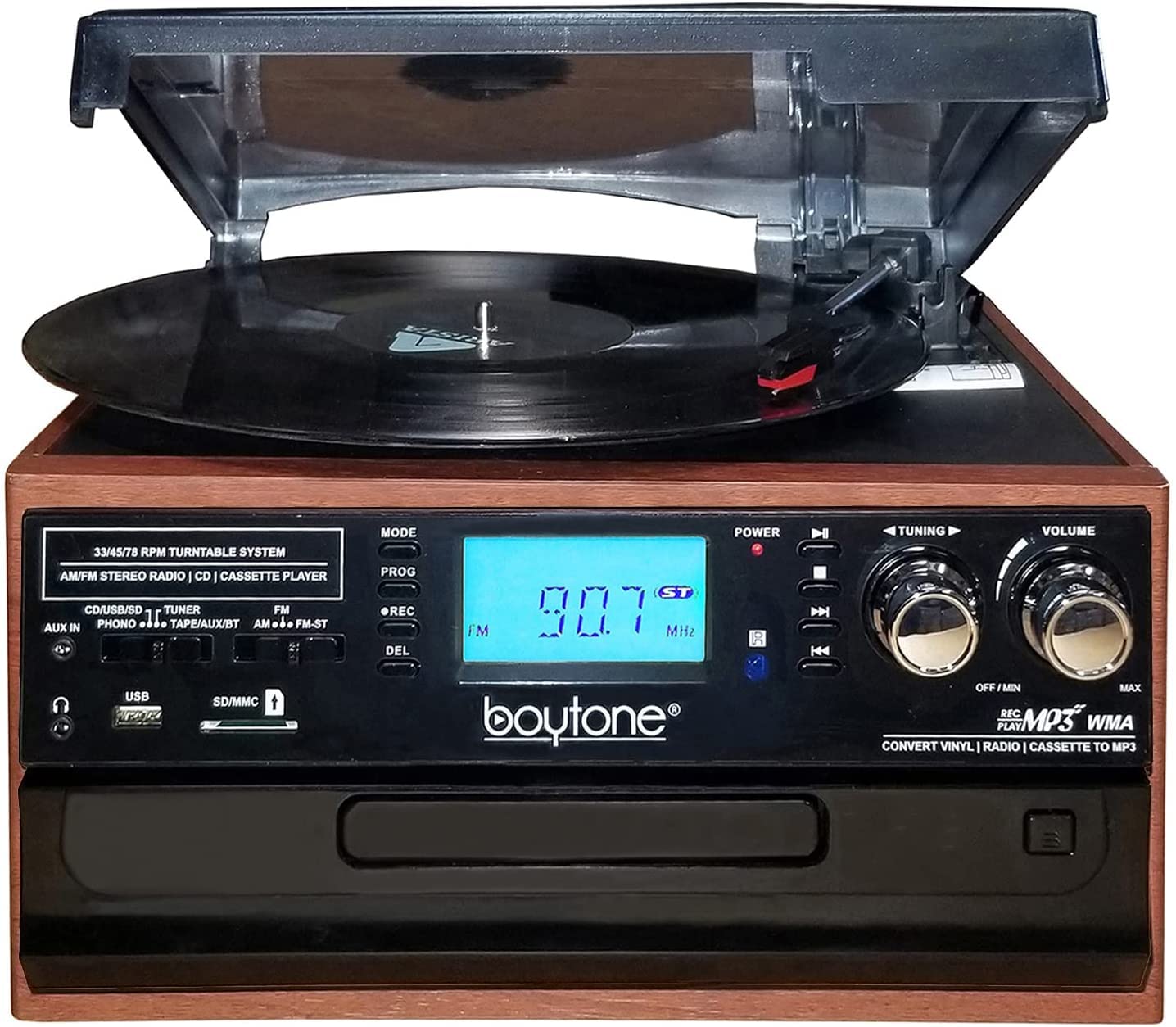 Boytone Bt 22Ms, Bluetooth Record Player Turntable, Am/Fm Radio, Cassette, Cd Player, 2 Built In Speaker, Ability To Convert Vin