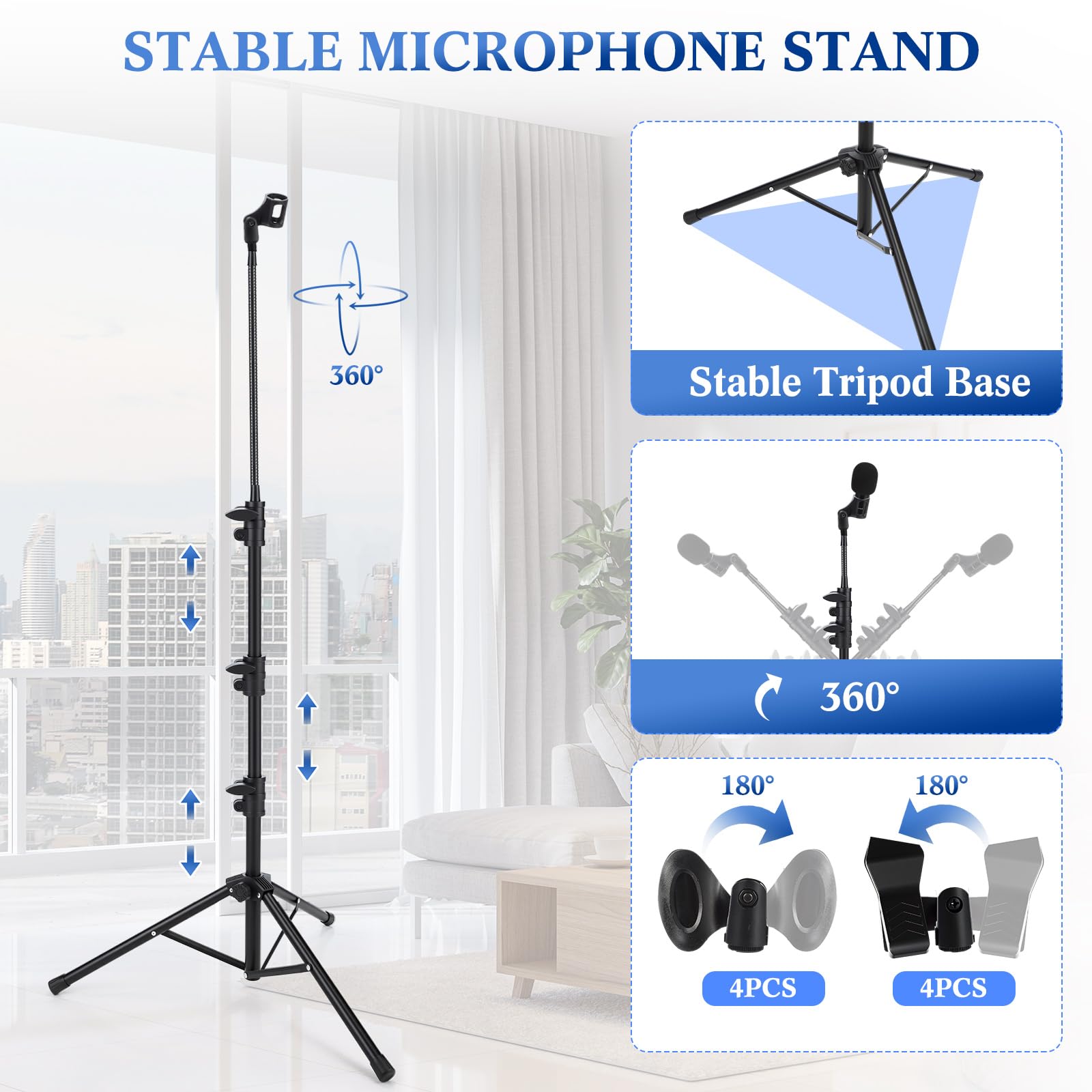 Relaxweex 4 Pcs Tripod Microphone Stand Boom Arm Floor Mic Stand Microphone Holder Adjustable Height 24-67 Inch With 4 Carrying