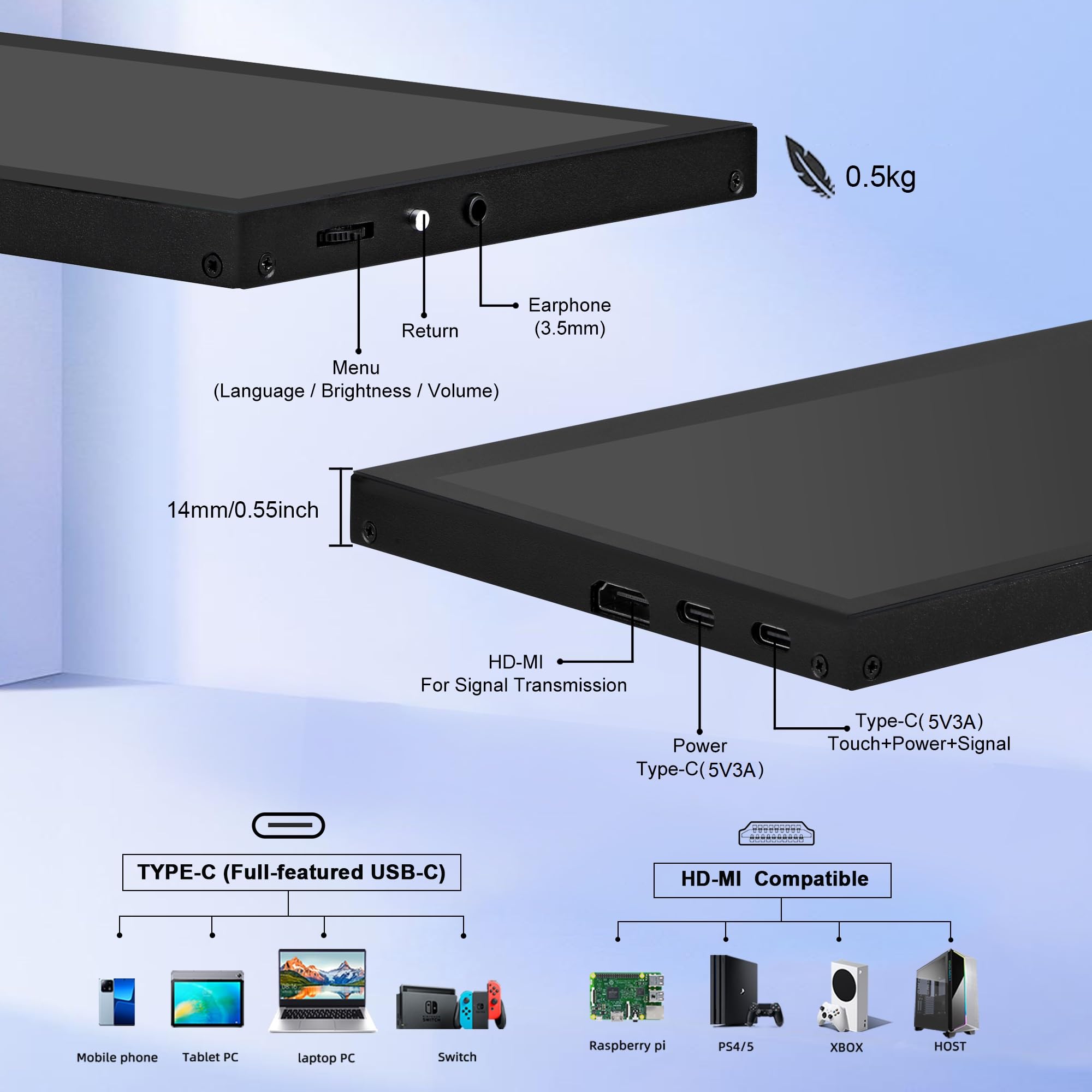 Wisecoco 12.3 Inch Touchscreen Monitor 1920X720 Bar Lcd Mini Touch Screen Monitor Secondary Screen Portable Display Hdmi For Lap