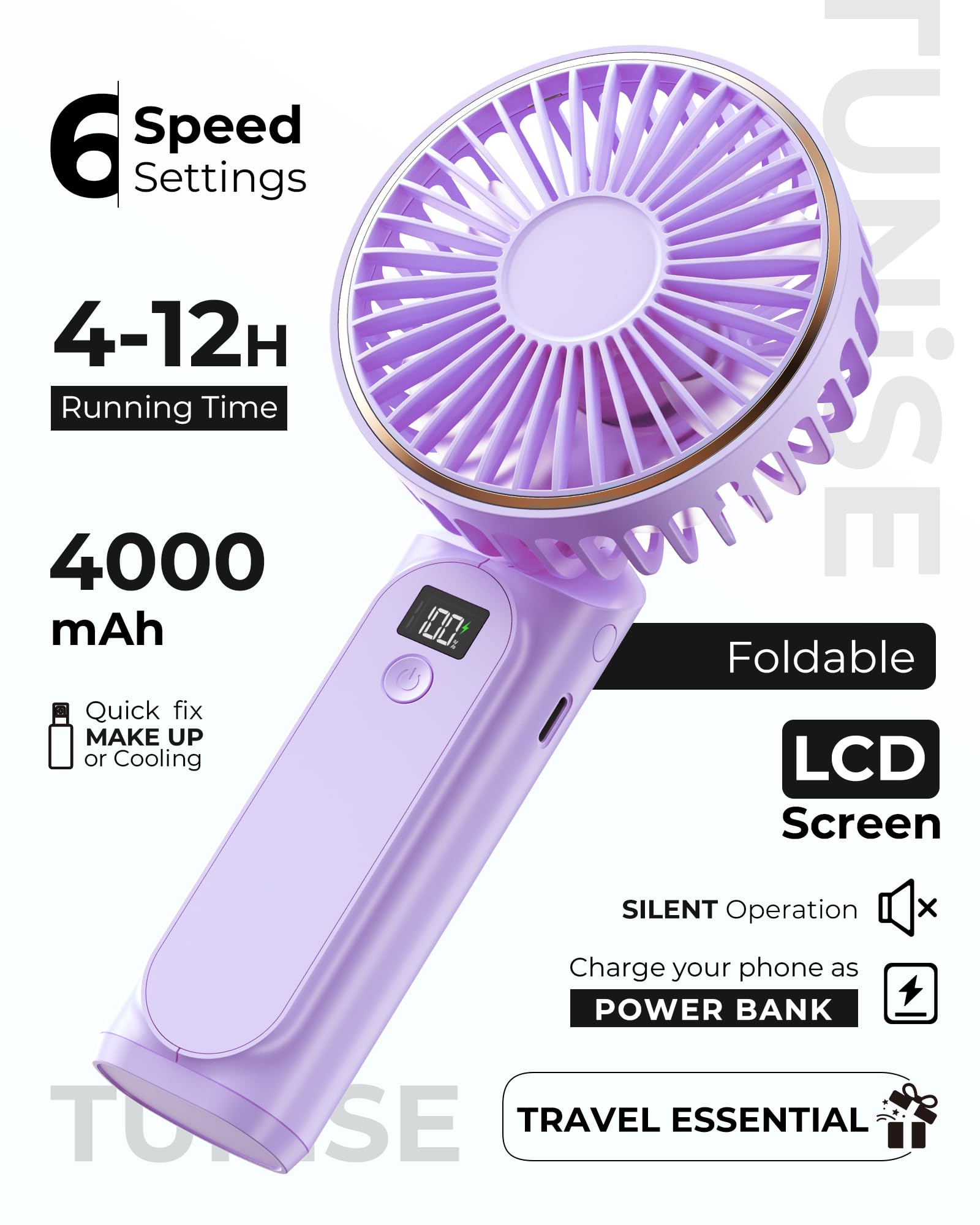 Tunise Portable Handheld Fan, 4000Mah, 180 Adjustable, 6 Speed Wind, Usb Rechargeable Foldable Fan With Real-Time Electricity Di