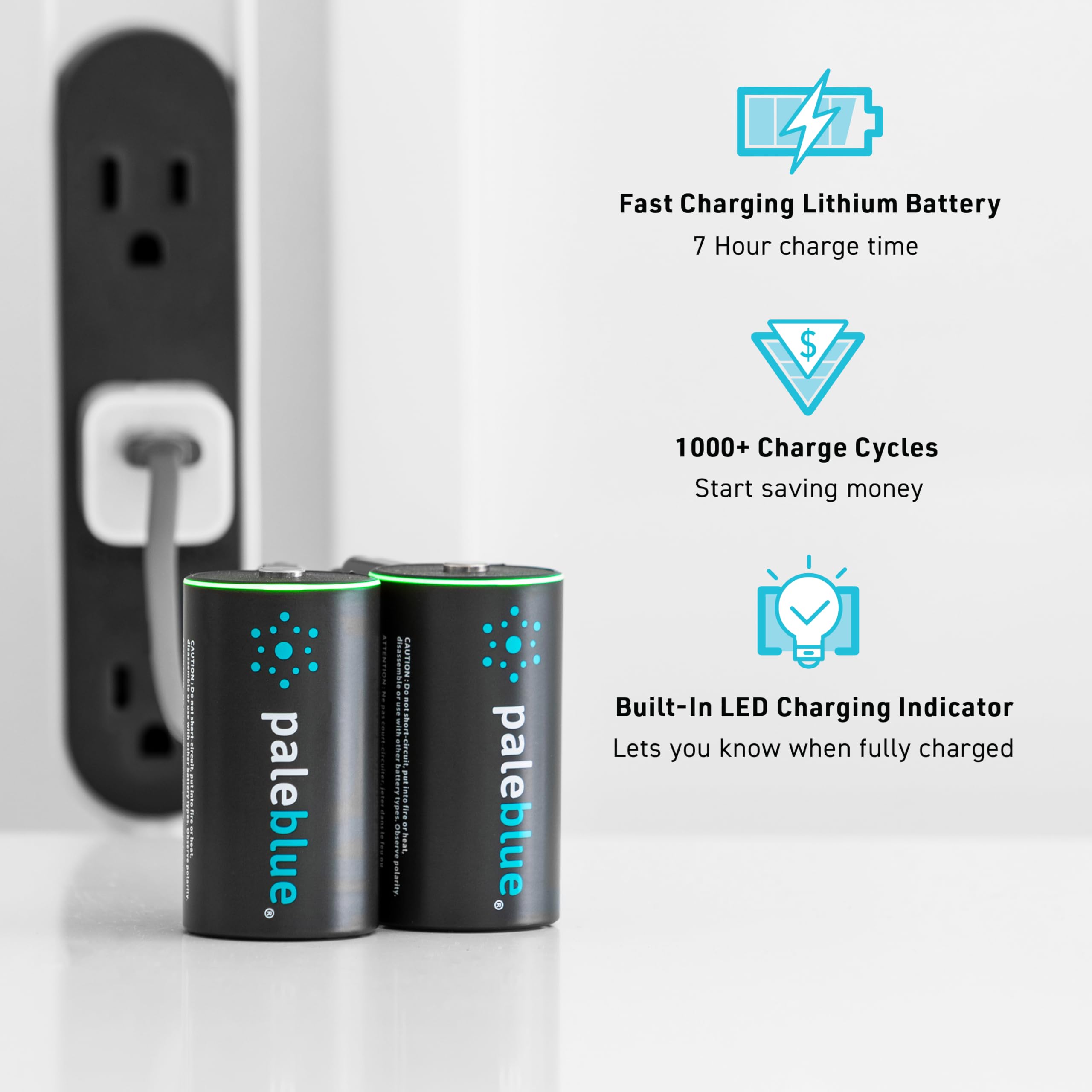 Rechargeable D Batteries With Usb Charger By Pale Blue, Lithium Ion 1.5V 5000 Mah, Charges Under 3.25 Hours, Over 1000 Cycles, 2