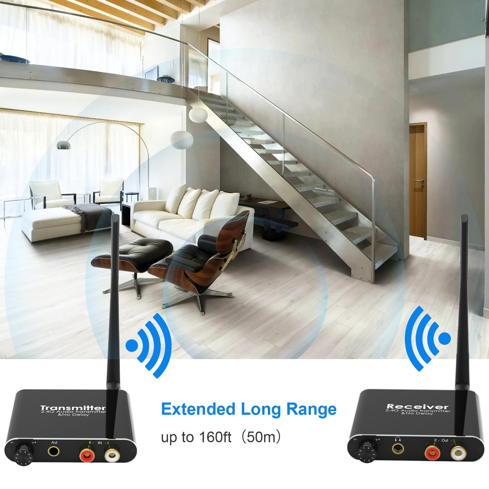 Tendak 2.4Ghz Wireless Audio Transmitter Receiver, 160 Ft Long Range Low Latency Wireless Audio Adapter With Volume Control For