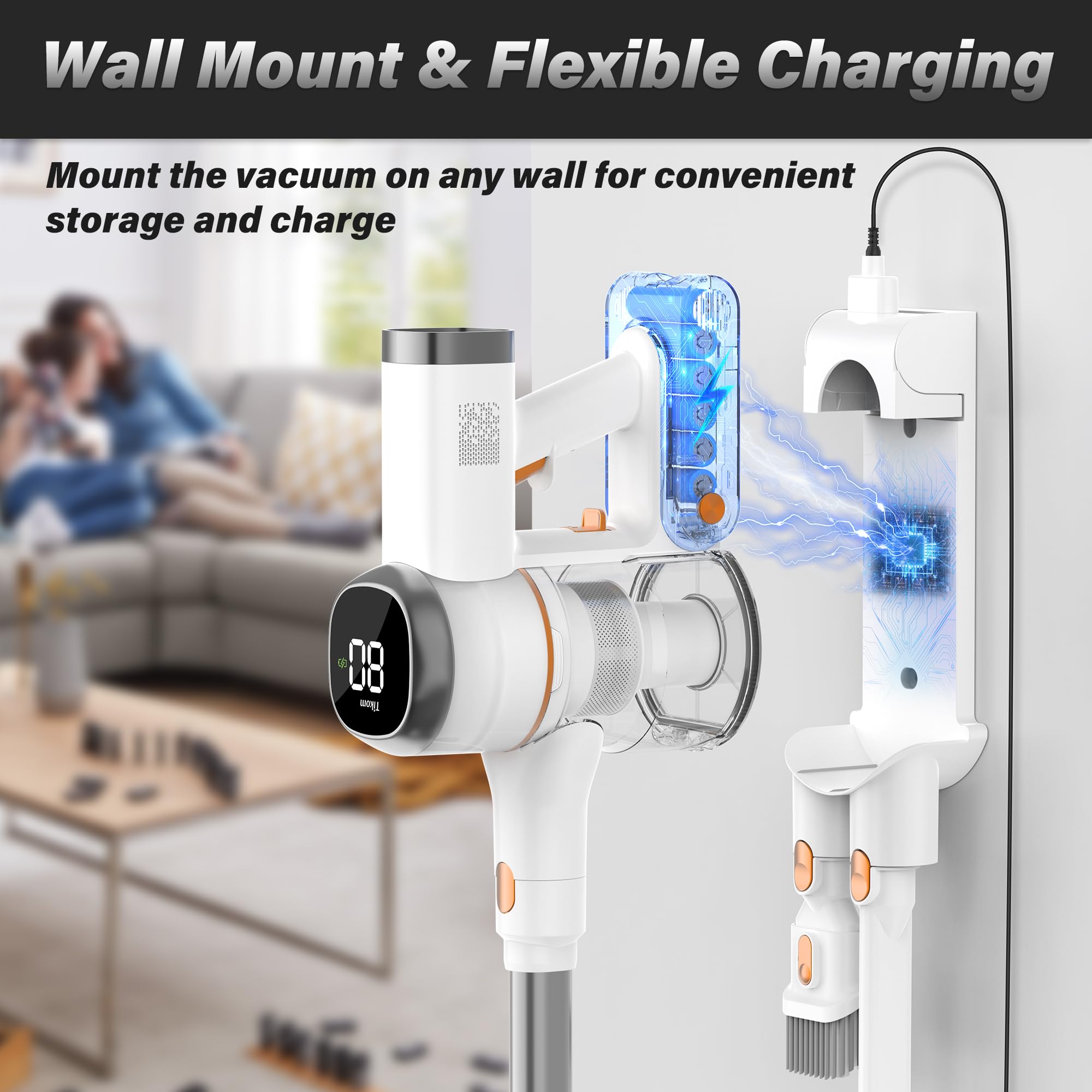 Tikom V500 Cordless Vacuum Cleaner For Home, 40000Pa/450W Stick Vacuum With Led Touch Screen, Charging Wall Dock, Anti Tangle, L