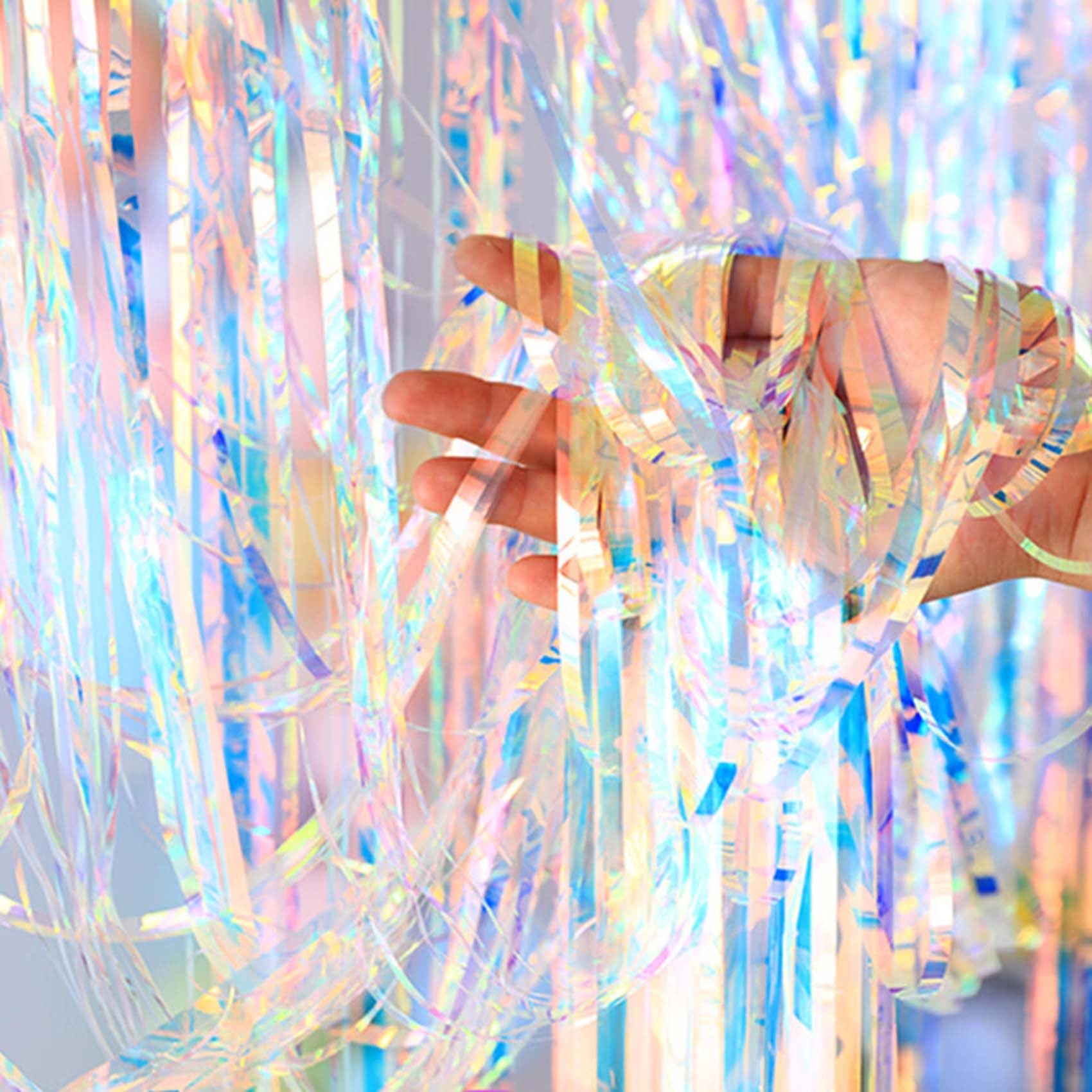 Brzikwt 2 Pcs Iridescent Transparent Foil Curtain Tinsel Backdrop Beautiful Neon Clear Streamers Backdrops Rainbow Photoshoot St