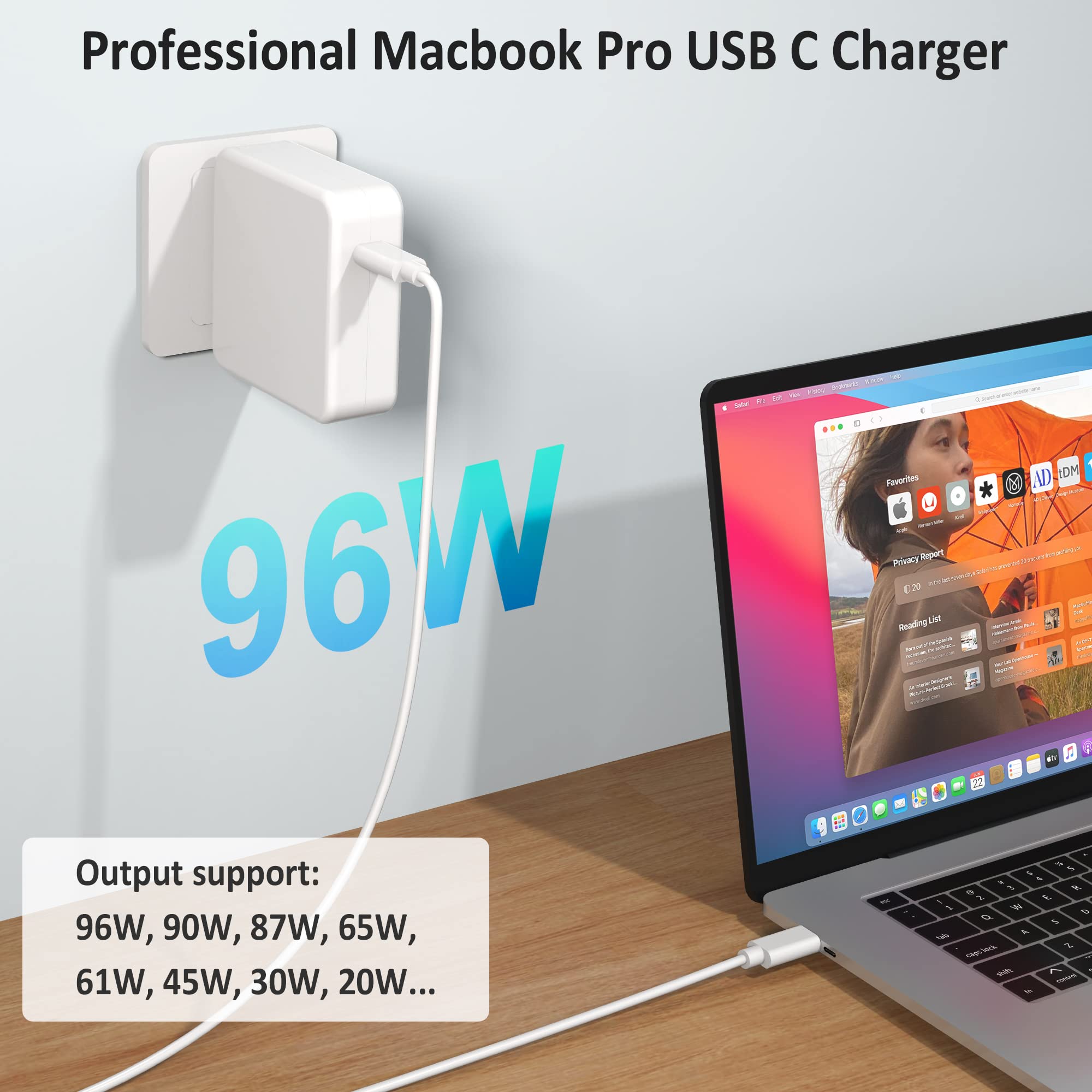 Qiouzw 96W Usb C Laptop Charger Power Adapter Replacement For Mac Book Pro 16, 15, 14, 13 Inch 2023, 2022, 2021, 2020, 2019, 2018,Mac Book Air,Ipad Pro, Fast Charging Type C Power Cord Supply
