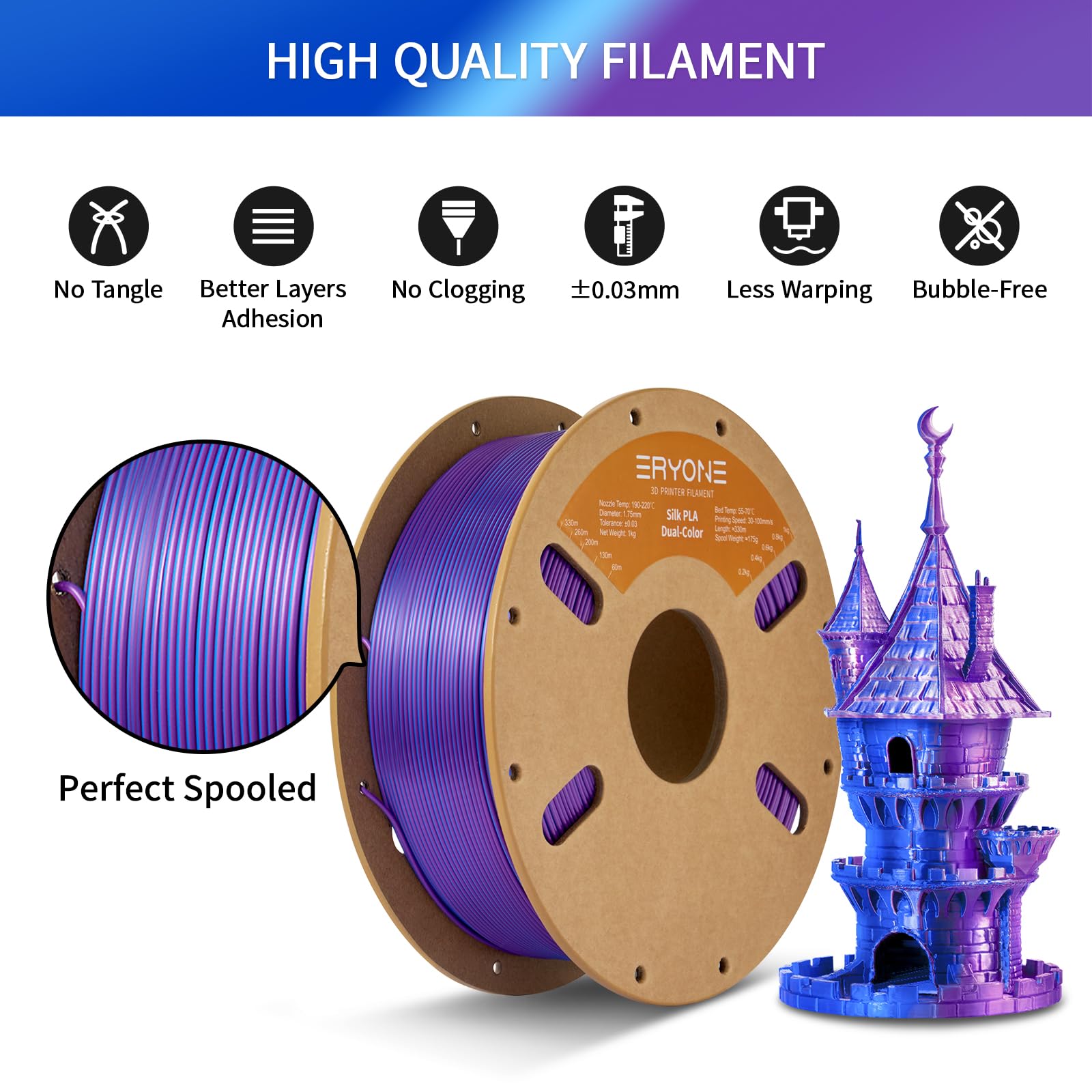Eryone Silk Dual Color Filament Pla 3D Printer 1.75Mm +/  0.03Mm, Coextrusion Filament Pla Shiny Filament 1Kg(2.2Lbs), Purple&Bl