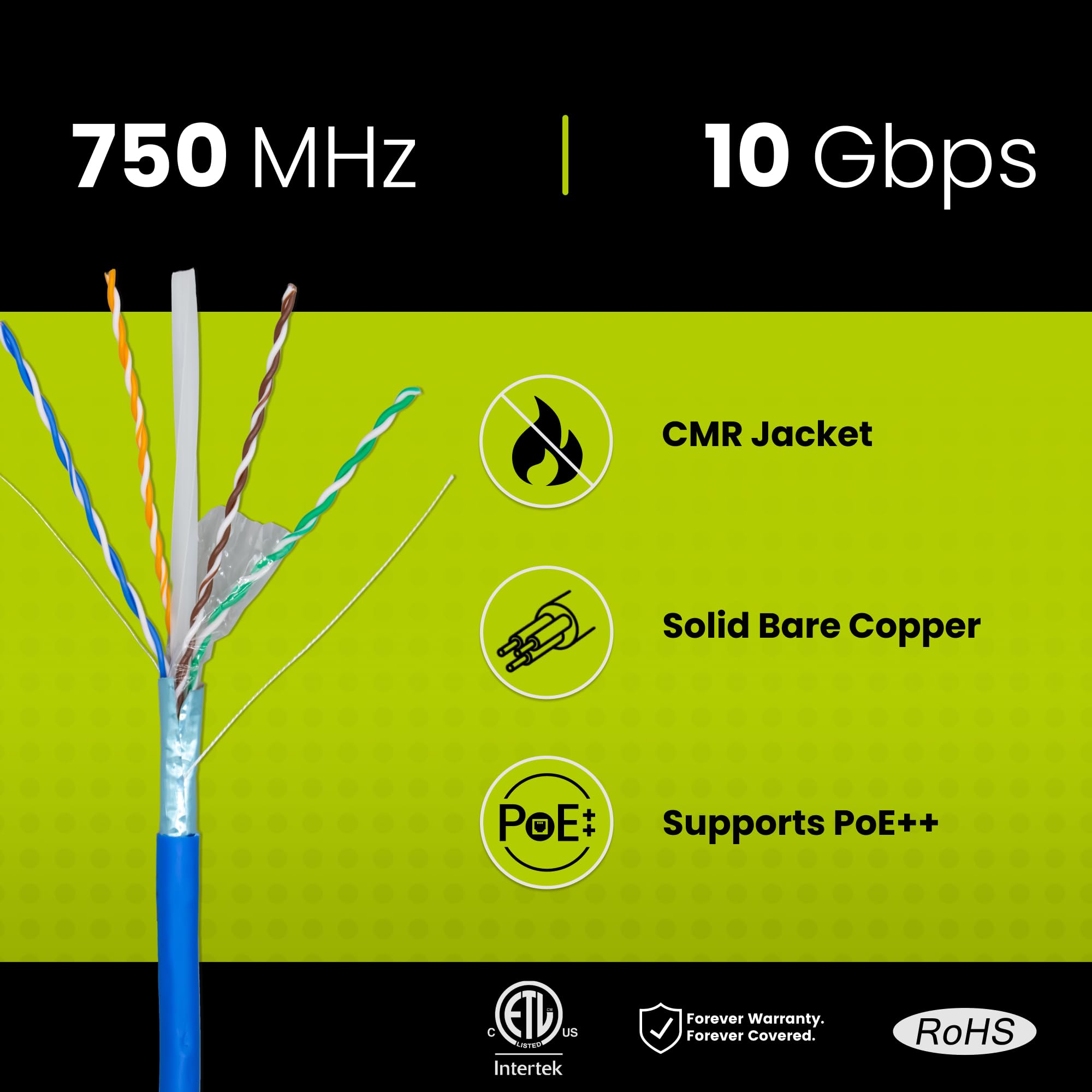 Truecable Cat6A Shielded Riser (Cmr), 1000Ft, Blue, 23Awg Solid Bare Copper, 750Mhz, Poe++ (4Ppoe), Etl Listed, Overall Aluminum Foil Shield (F/Utp), Bulk Ethernet Cable