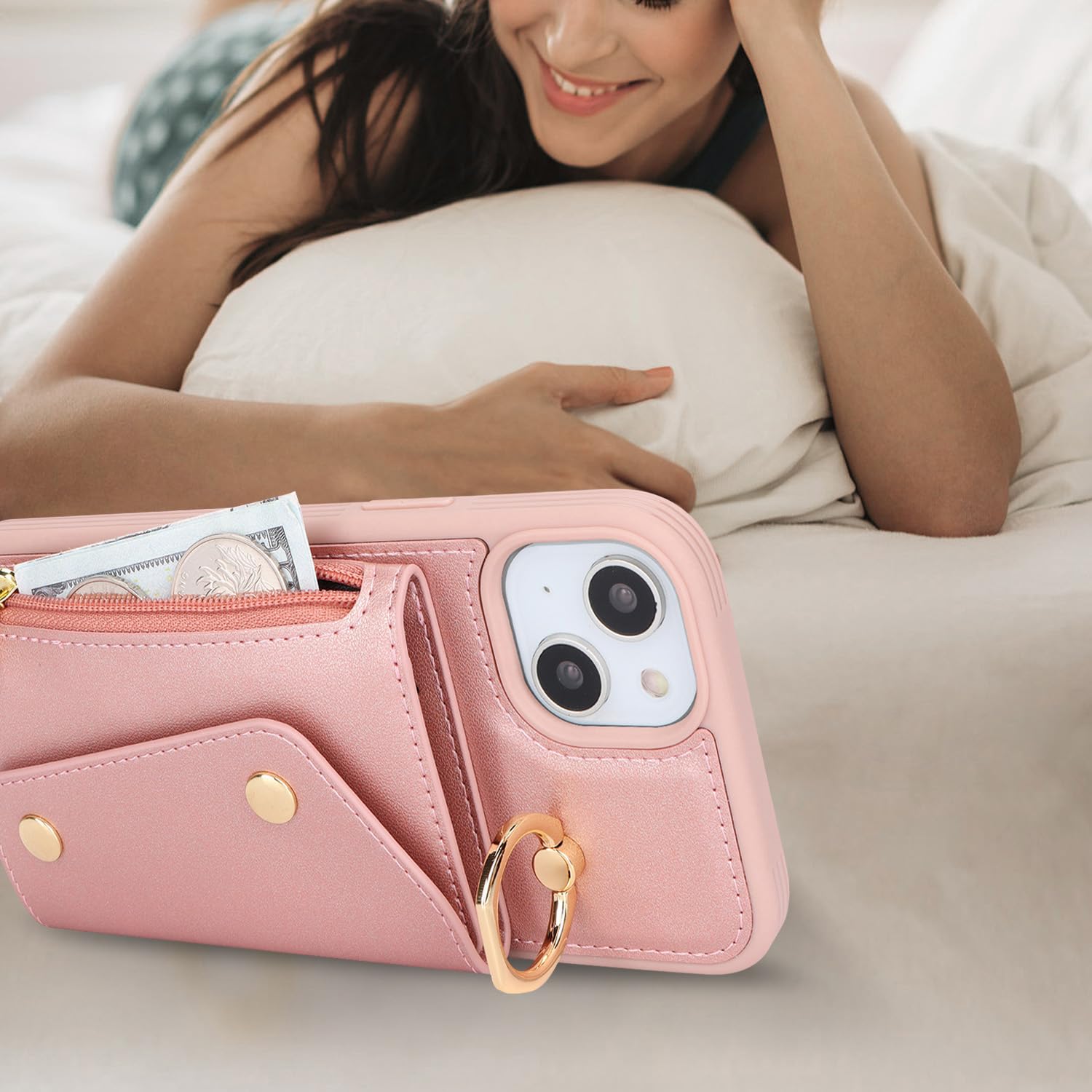 Lipvina For Iphone 15 Plus Case With Card Holder And Strap - Zipper Pocket,Crossbody Lanyard Strap,Credit Card Holder,Stand Ring