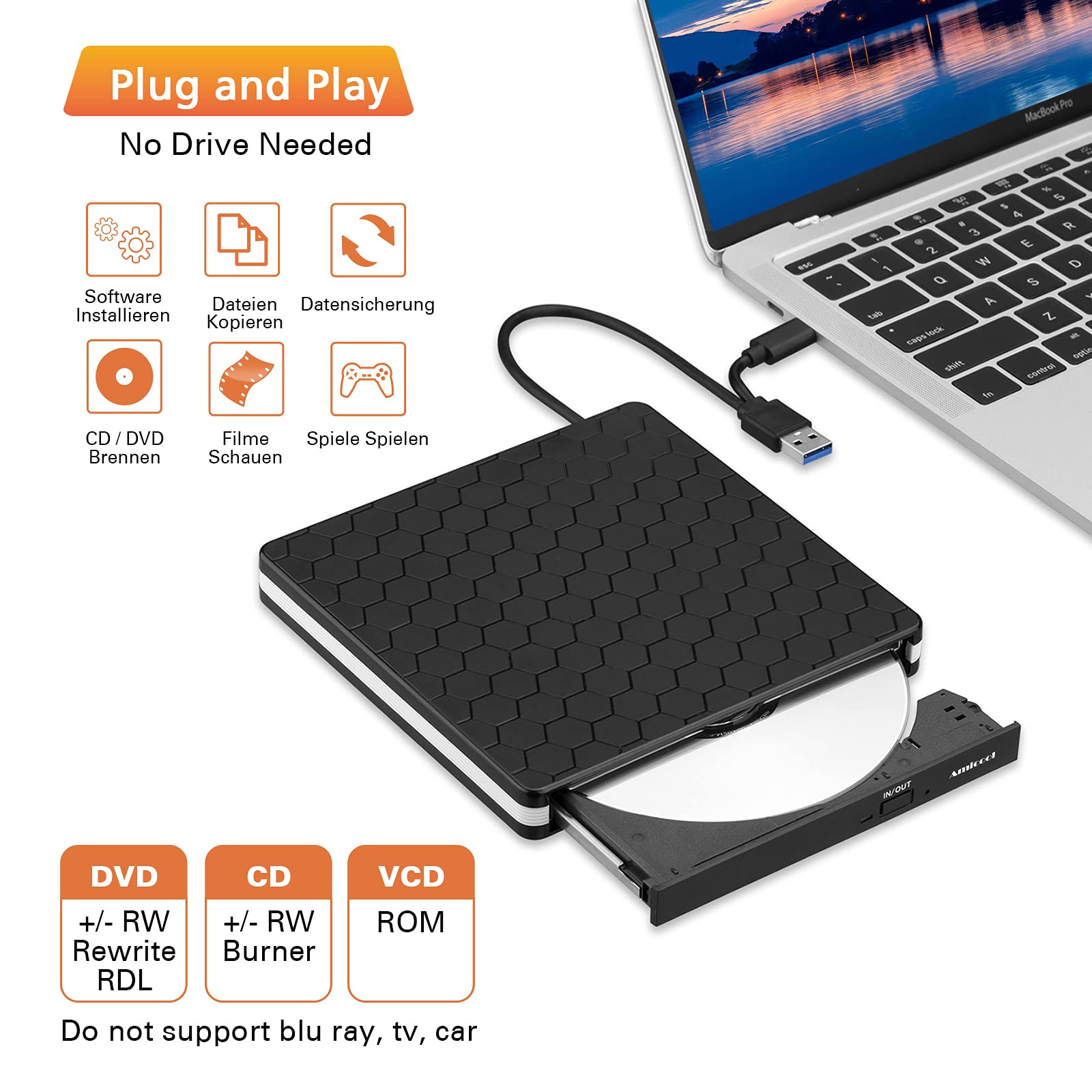 External Dvd Drive, Amicool Usb 3.0 Type C Cd Dvd +/ Rw Optical Drive Usb C Burner Slim Cd/Dvd Rom Rewriter Writer Reader Portable For Pc Laptop Desktop Macbook Mac Windows 7/8.1/10 Linux Os Apple