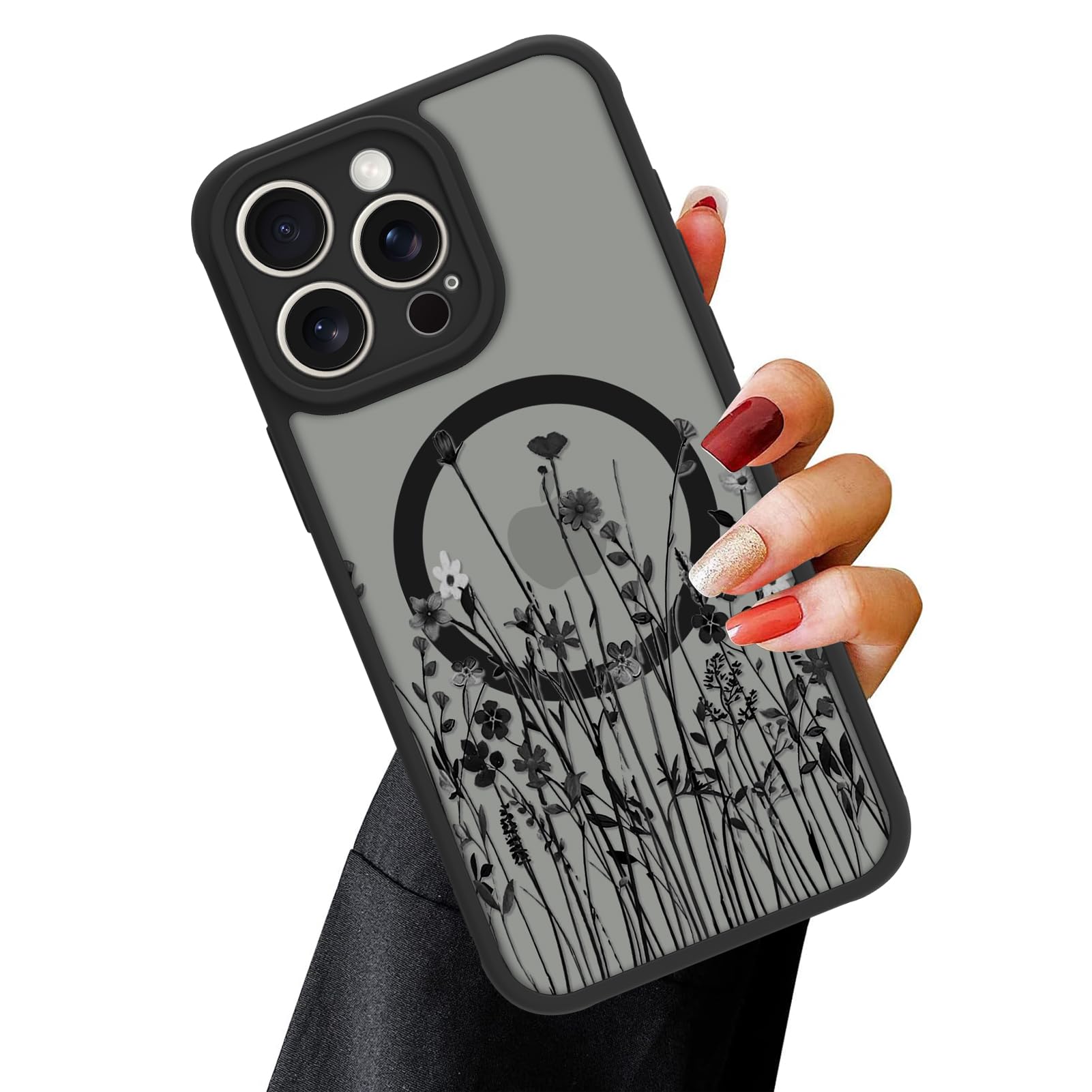 Ook Magnetic For Iphone 11 Pro Case Black Wildflower Pattern [Compatible With Magsafe] Slim Translucent Matte Camera Lens Protec