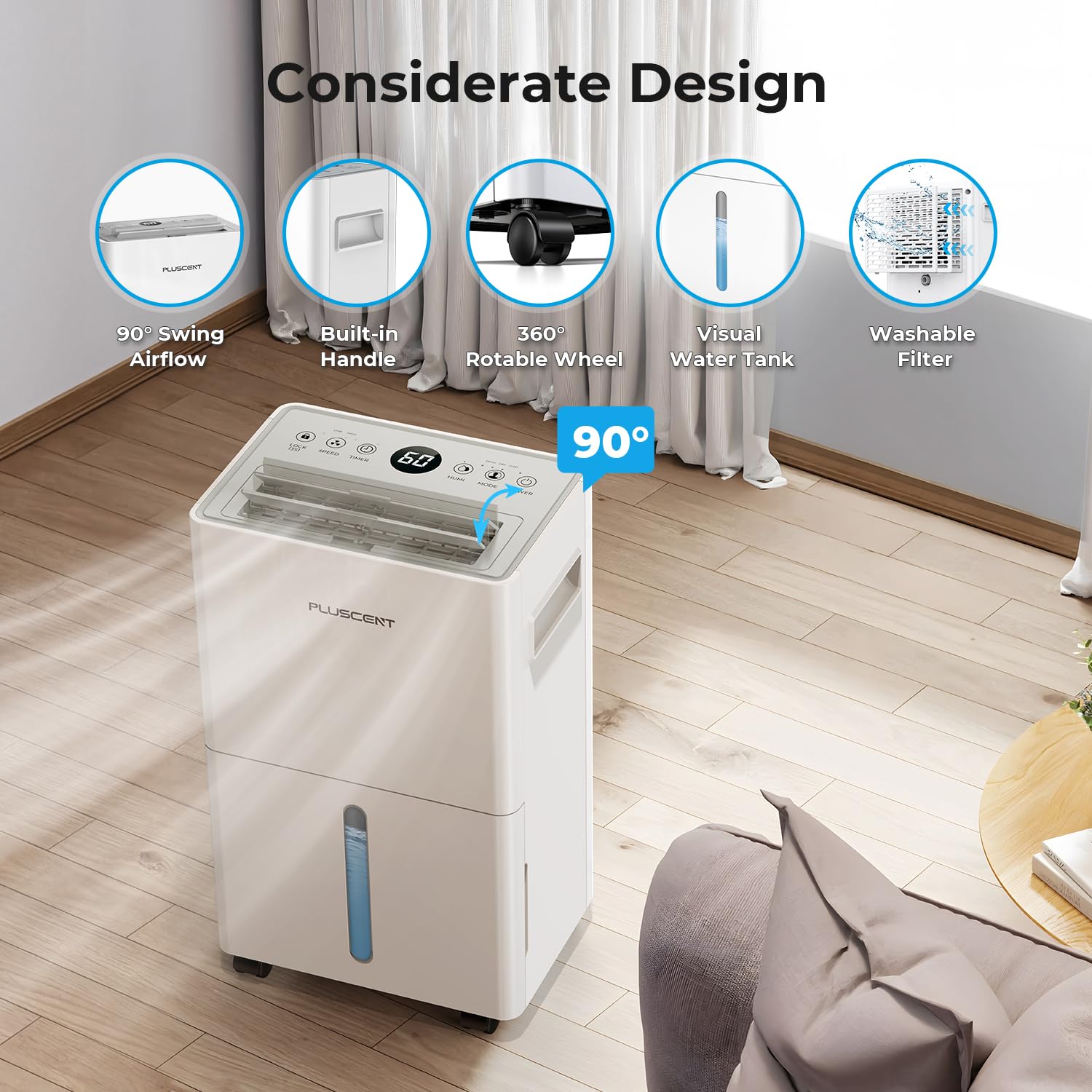 1500 Sq.Ft Dehumidifier For Basement, Pluscent 21 Pints Quiet Dehumidifiers For Home, Large Room, Bedroom With Drain Hose, Smart