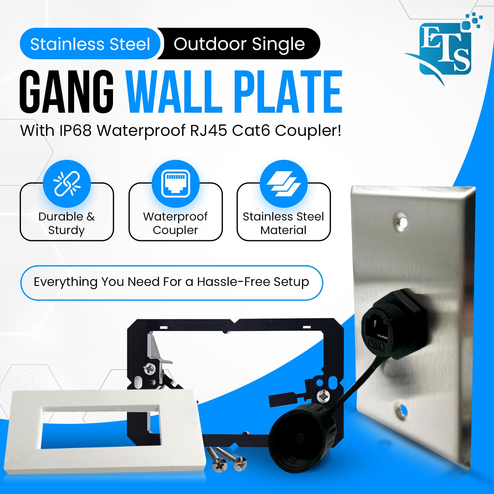 Ets Stainless Steel Single Gang Wall Plate W/Single Ip68 Waterproof Rj45 Cat6 Jack Pass Through Socket Coupler Connection Type,