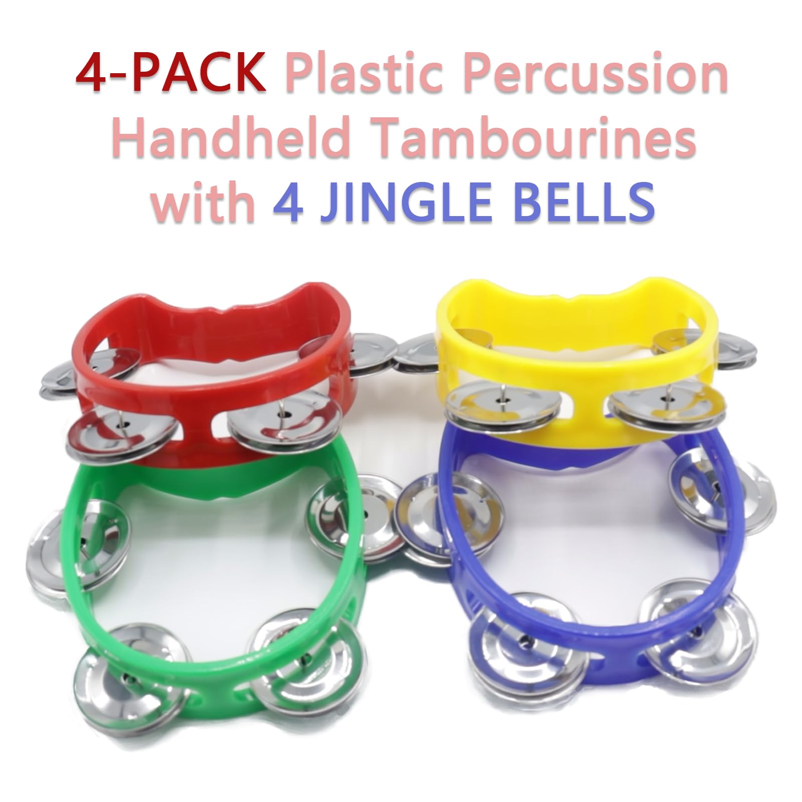 Cheerock 4 Pack Plastic Percussion Handheld Tambourines With 4 Jingle Bells, Mini Hand Bell Percussion, Musical Rhythm Instrumen