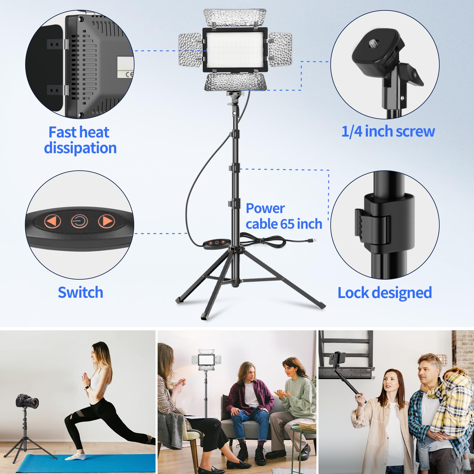 2 Pack Led Video Photography Lighting Kit With 54'' Tripod Stand, Dimmable 5600K Usb Studio Lights With Barndoor  9 Color Lighti