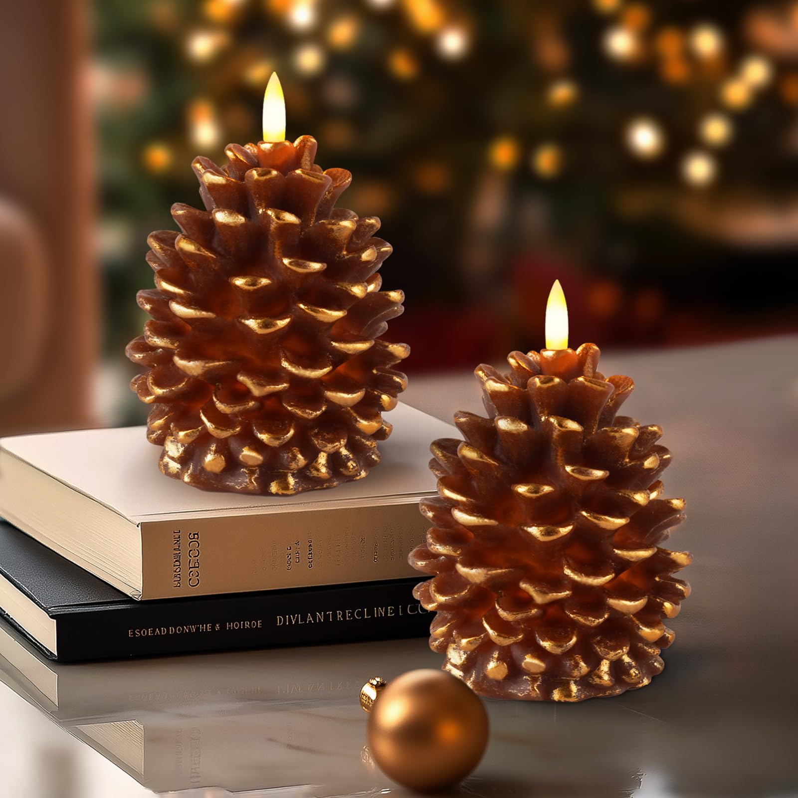 Homemory 2 Pcs Flameless Pine Cone Candles, Led Candles With 6H Timer, Real Wax Battery Operated Candles For Fireplace Decor, Ho