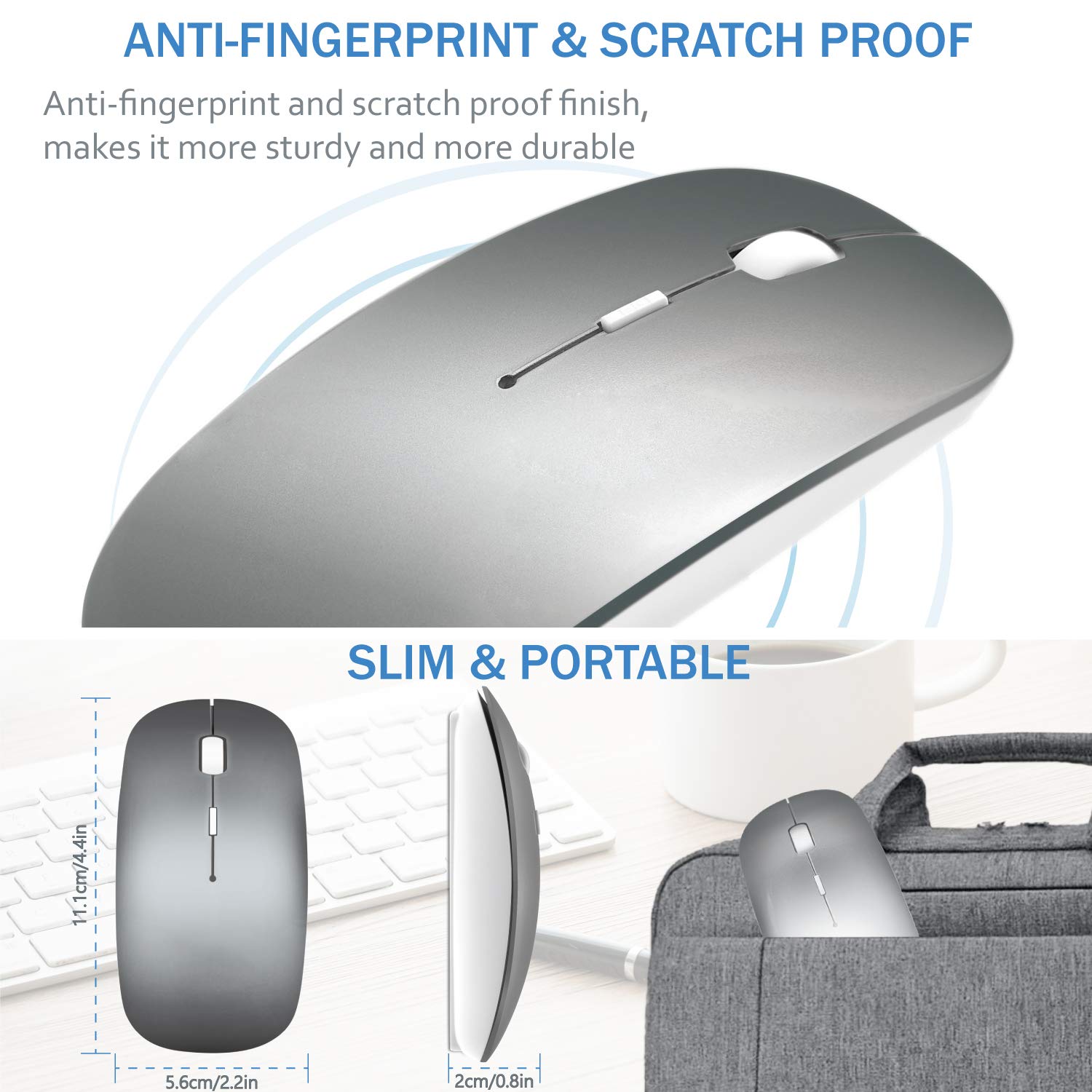 Bluetooth Mouse Wireless Computer Mouse For Macbook Air Mac Pro Laptop Ipad Pc Laser Optical Rechargeable Mouse Mini Slim Silent Mouse Widely Used Desktop Hp Imac (Gray)
