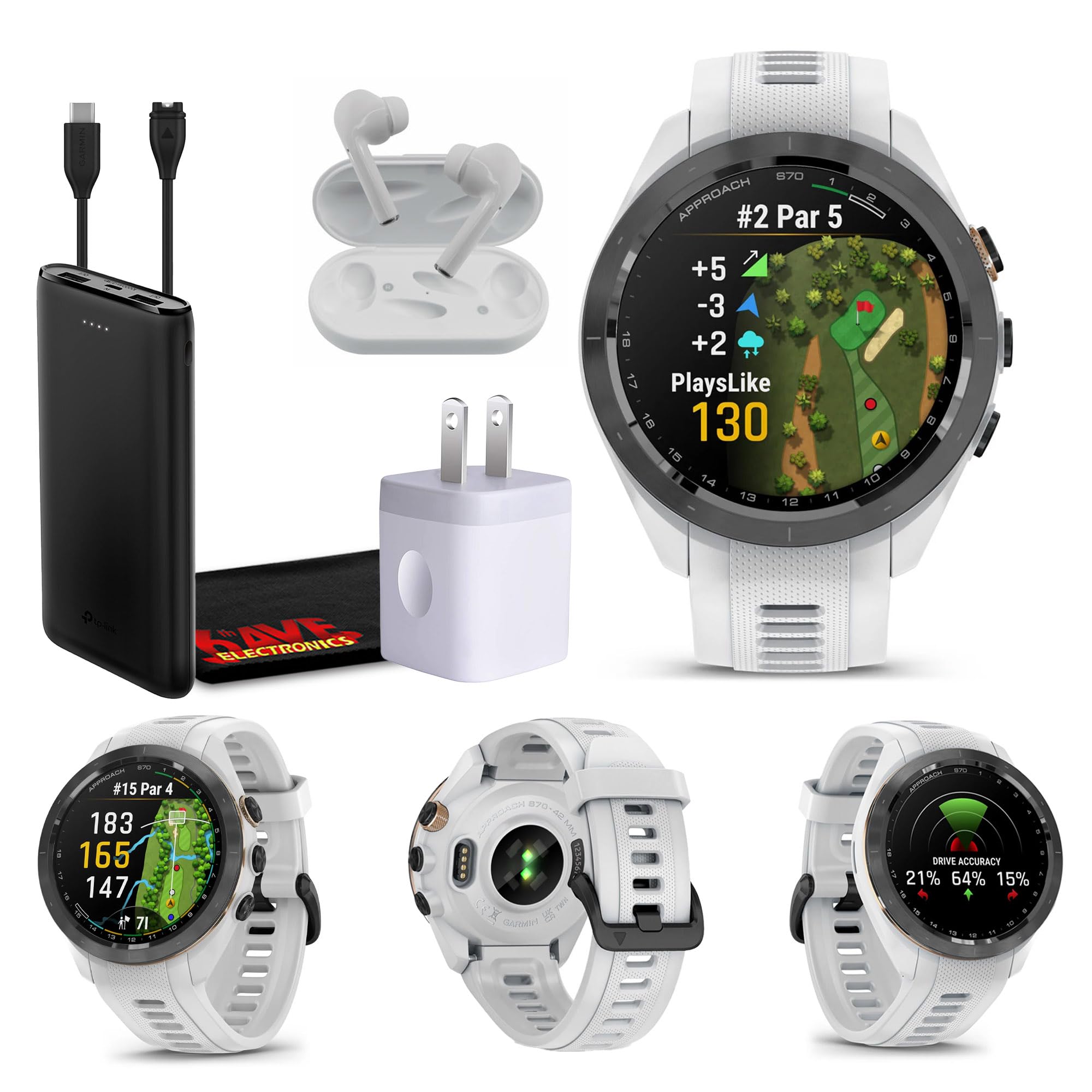 Garmin Approach S70 42MM White- GPS Golf Smartwatch for Men, Lightweight Touchscreen AMOLED Display and Preloaded Courses Bundle