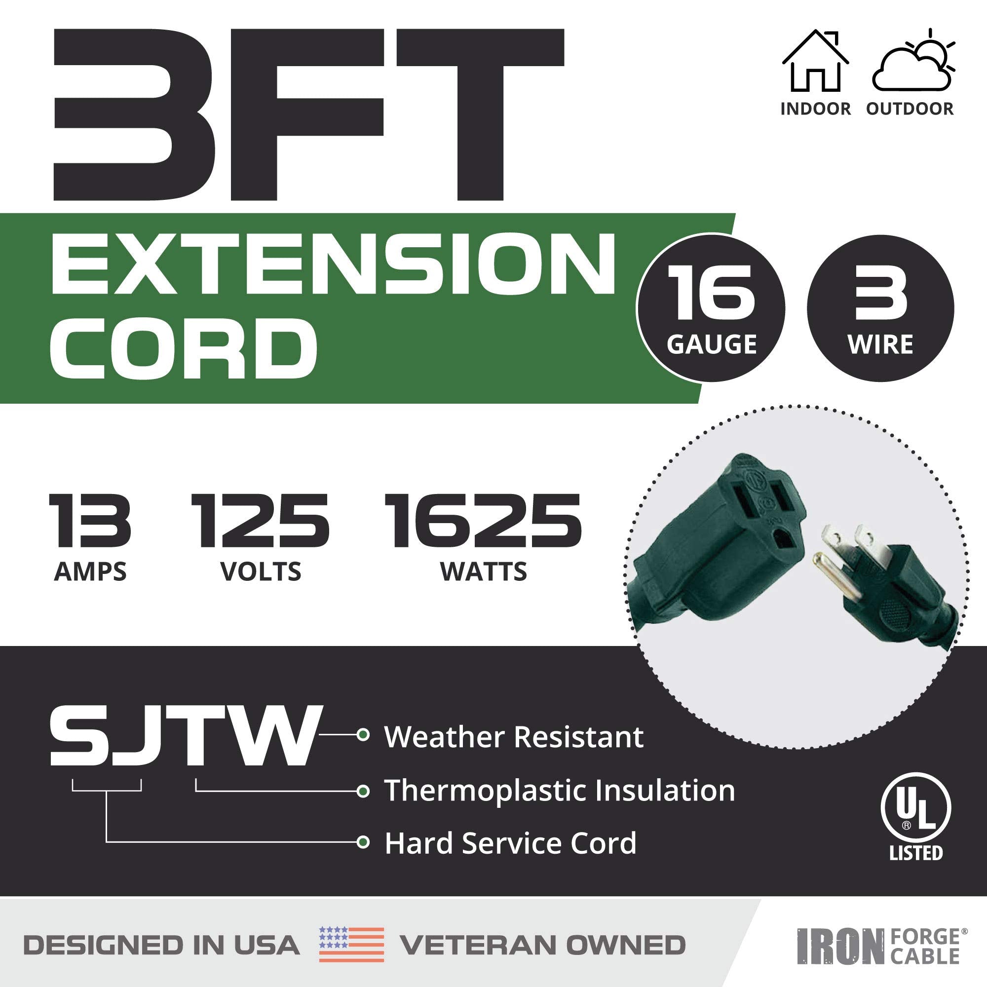 Iron Forge Cable 2 Pack Outdoor Extension Cord 3 Ft, 16/3 Sjtw Weatherproof Green Extension Cord 3 Prong, 13 Amp Heavy Duty Powe