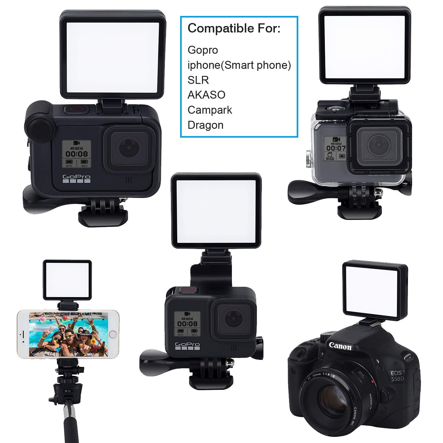 Suptig Led Video Light Dimmable White Lights, Natural Lights, Warm Lights Compatible For Gopro Hero 12,11,10,9,8,7,6,5,4,3,3+, H