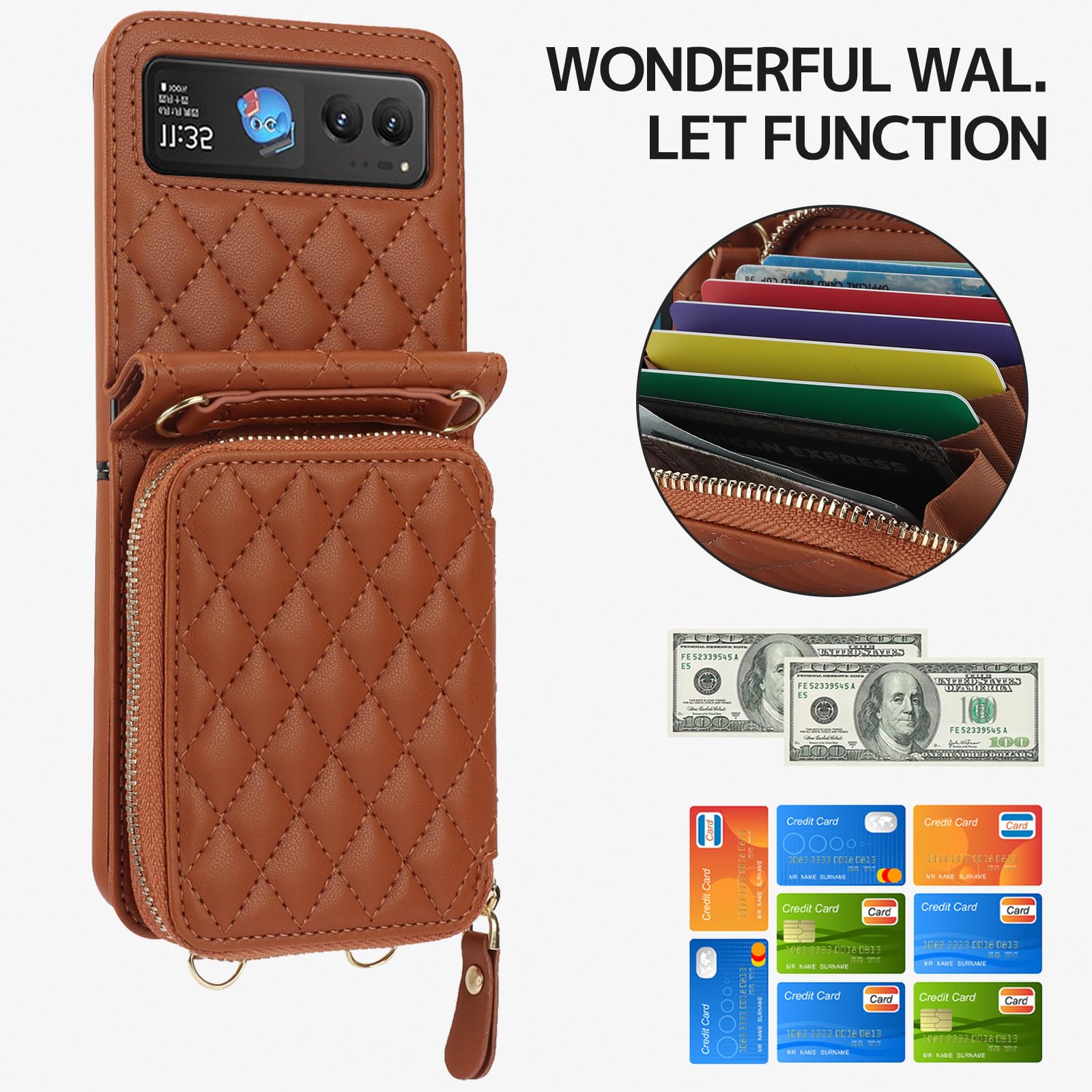 Ninki Compatible For Motorola Razr 2023 Case With Detachable Strap, Lanyard Hinge Protection Card Holder Wallet Phone Cover For