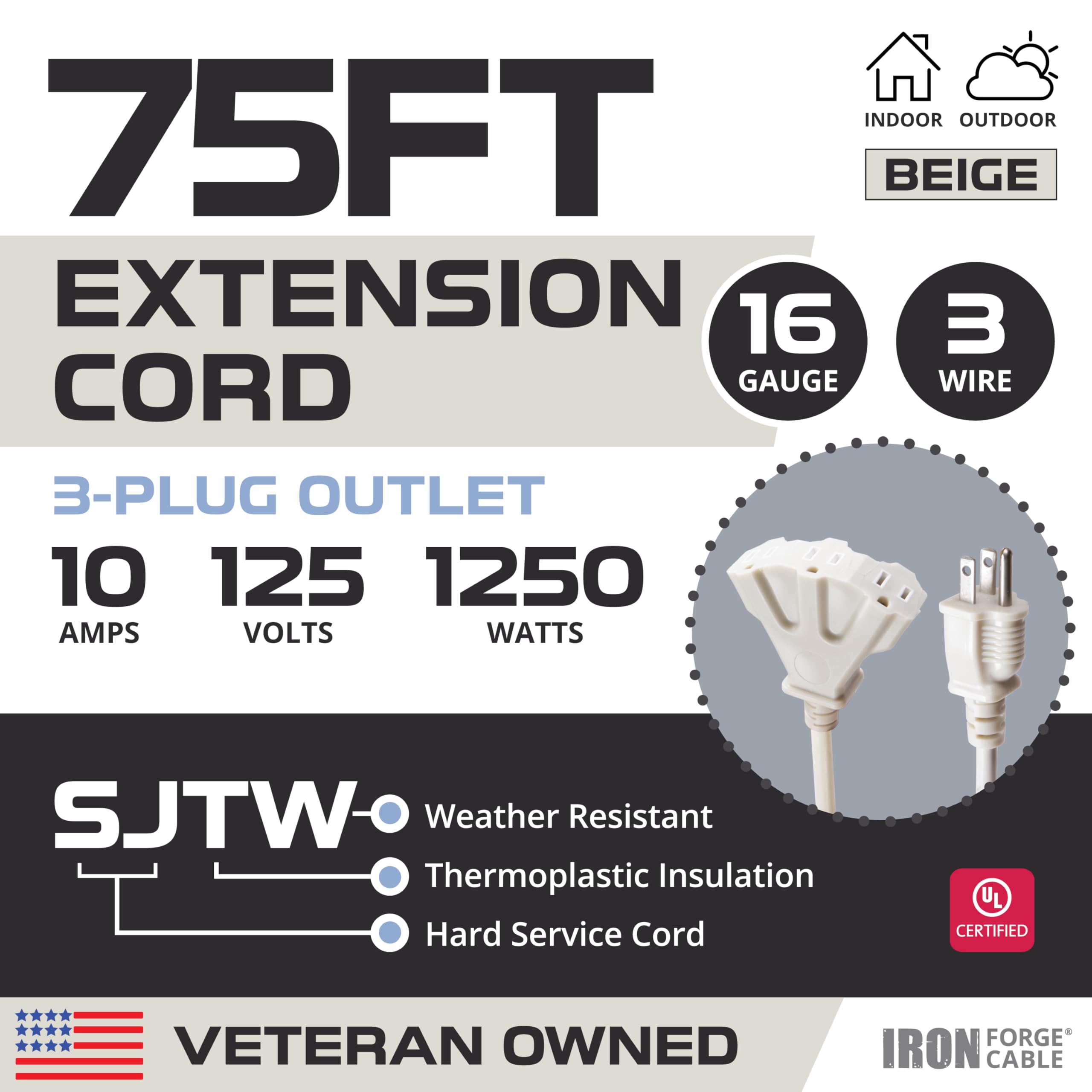 Iron Forge Cable 75 Ft Beige Outdoor Extension Cord With 3 Outlets   16/3 Sjtw 75Ft Extension Cord 3 Prong, 10 Amp All Weather H