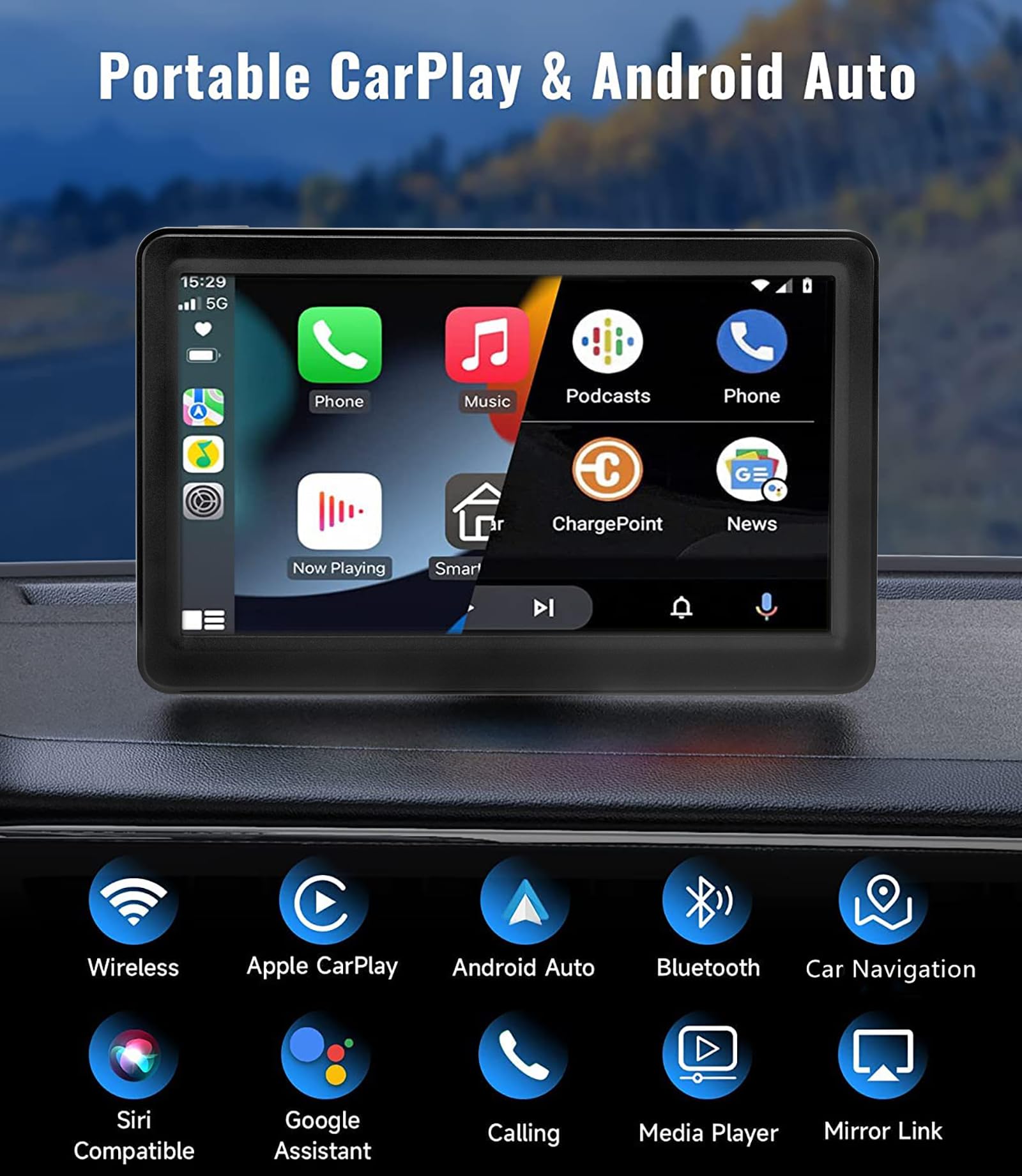 Portable Wireless Apple Carplay Screen For Car, 7'' Apple Carplay & Android Auto, Ips Touchscreen Car Audio Receiver, Mirror Lin