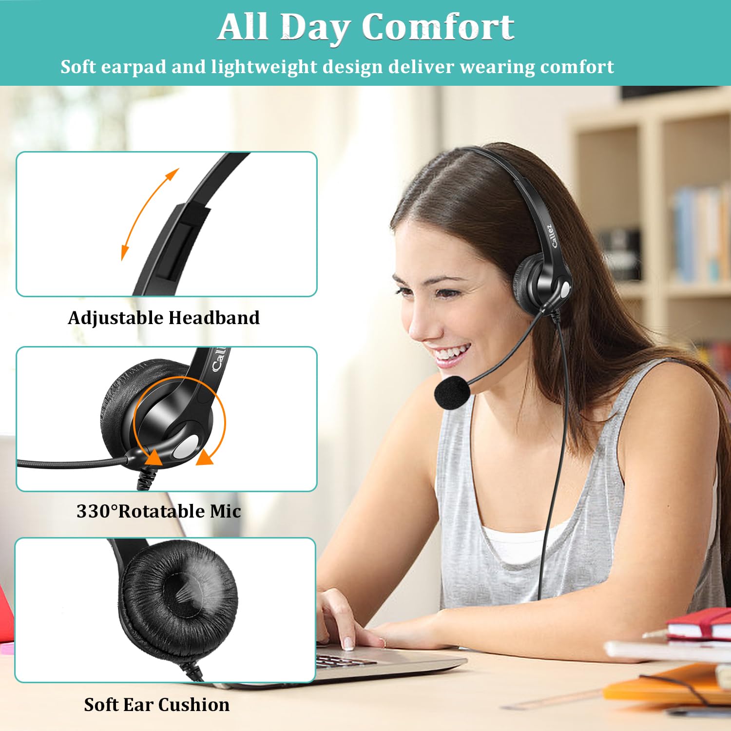 Callez 3.5Mm Headset With Microphone Noise Cancelling For Cell Phone Pc Laptop, Stereo Computer Headphones For Iphone Samsung Mac Call Center Office Skype, In Line Control, Clear Chat