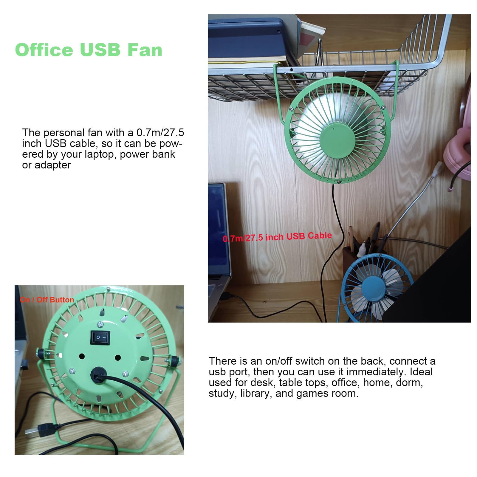 Sokelinn Six 4 Inch Small Usb Desk Fan, Metal Mini Quiet Personal Cooling Fan For Home Office Car Travel (Green)