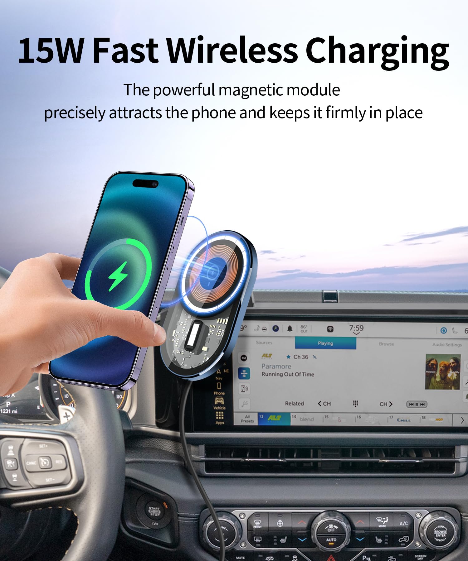 Masergogo Wireless Charging Car Phone Holder For Jeep Wrangler/Wrangler 4Xe / Gladiator 2024 2025 Accessories 12.3 Inch Screen F