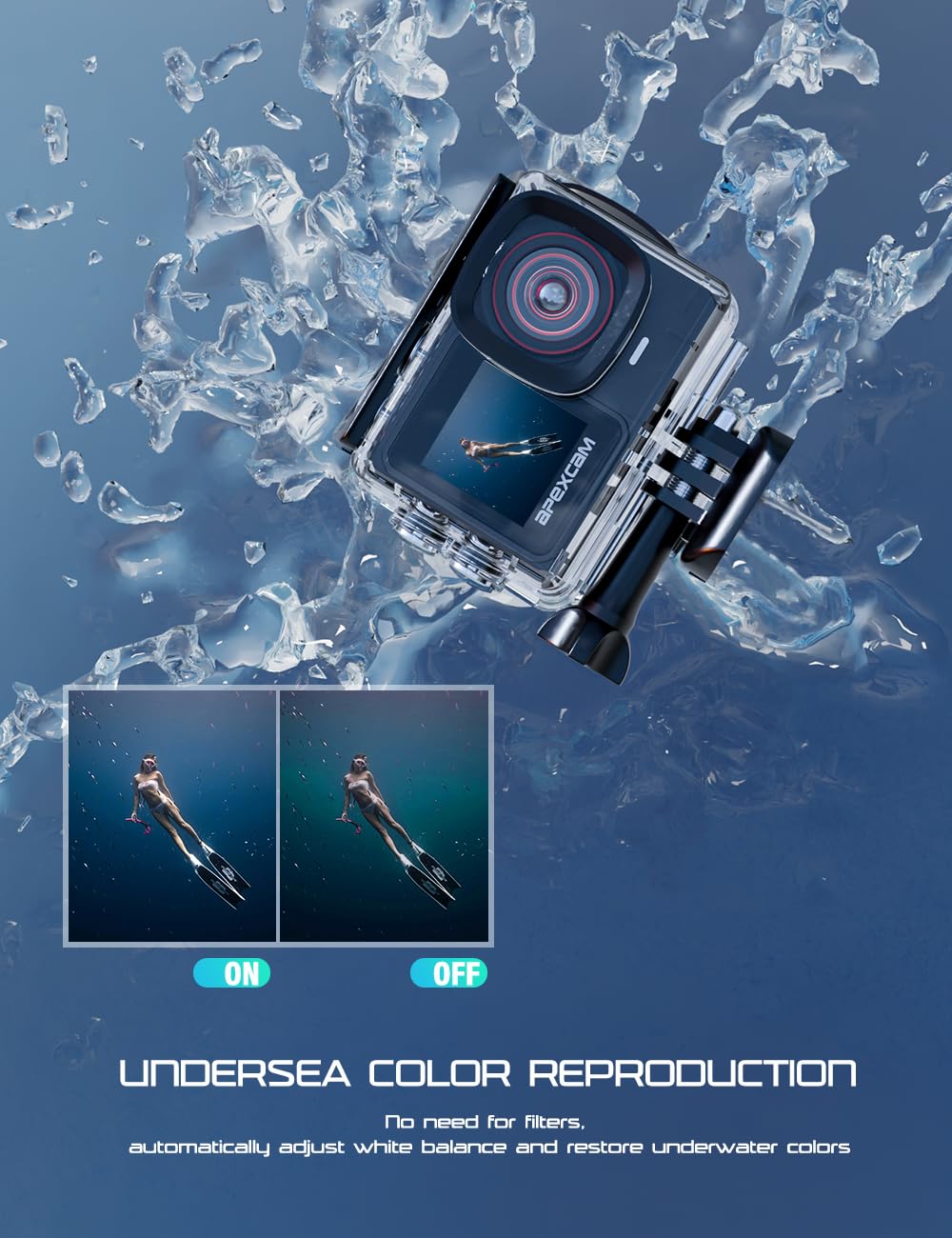 Apexcam Action Camera 4K/60Fps With 64Gb Sd Card,131Ft Waterproof Underwater Camera 48Mp Sports Camera Wifi Touch Screen Helmet Camera With External Mic, Remote Control,Mounting Accessories Kit