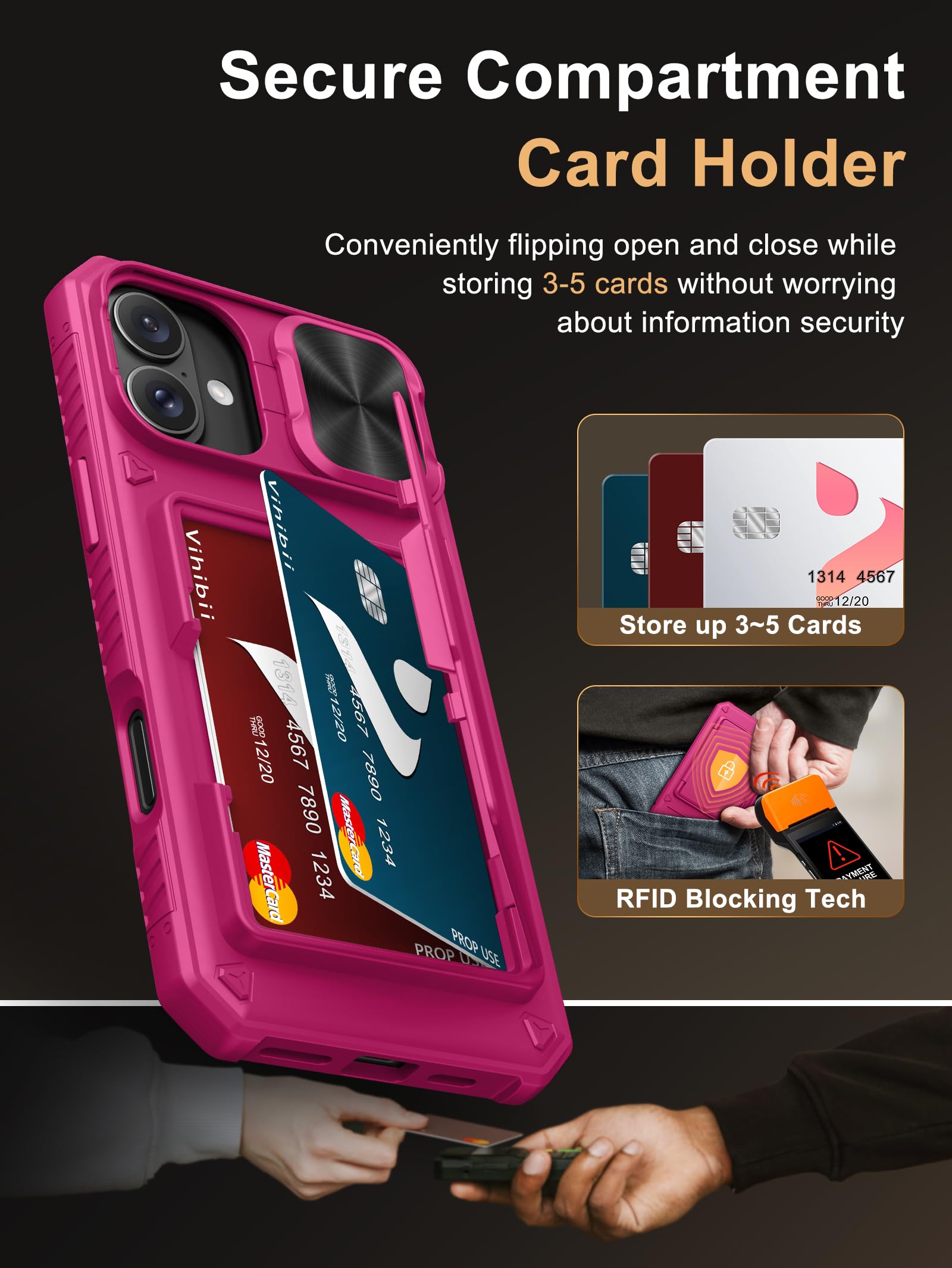 Vihibii For Iphone 16 Plus Case Wallet With Card Holder (4 Cards) [Rfid Blocking] & Slide Camera Cover & Raised Edges Protect Sc