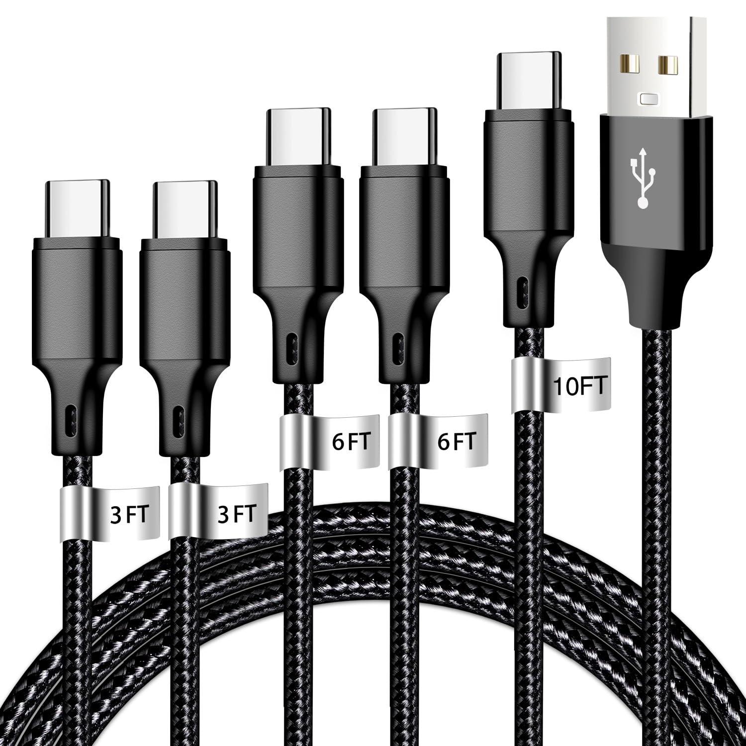 cugunu USB A to USB C Cable 5 Pack, 3/3/6/6/10ft Fast Charger Cord (Black)