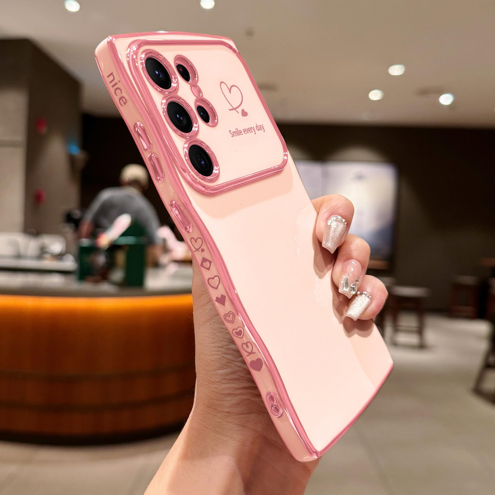 Lchulle For Samsung Galaxy S23 Ultra Case For Women Girls, Cute Wave Frame Curly Shape With Love Heart Raised Camera Protection