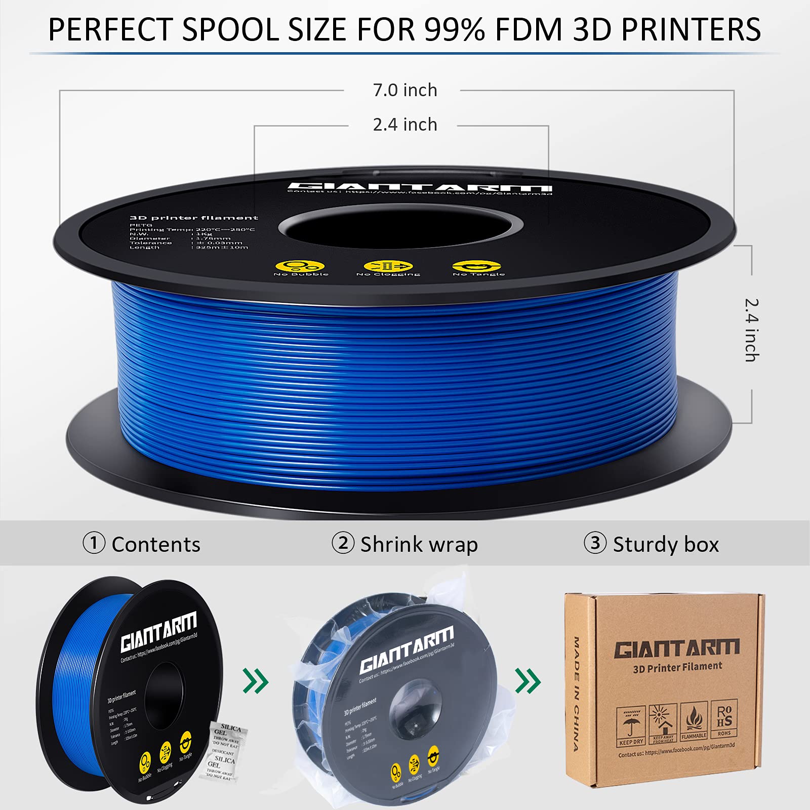 Giantarm Blue Petg 3D Printer Filament 1Kg (2.2Lbs) Toughness Enhanced,1.75Mm Dimensional Accuracy +/ 0.02Mm, 1080 Feet(330M)Per