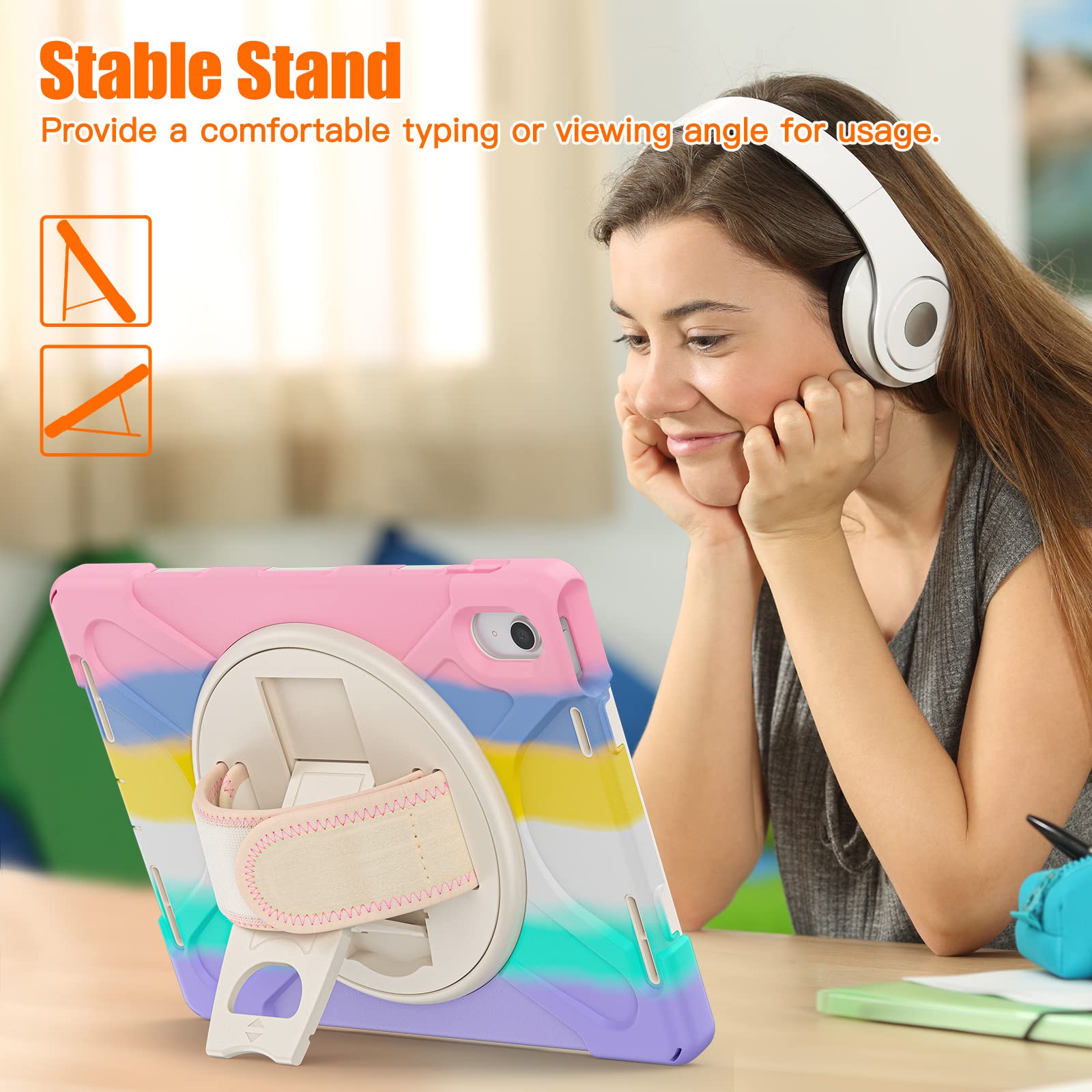 Tsqqst Case For Ipad 10Th Generation Case For Kids Girls Cute Pink 10.9 2022 | Kids Proof With Screen Protector | Strap For Car