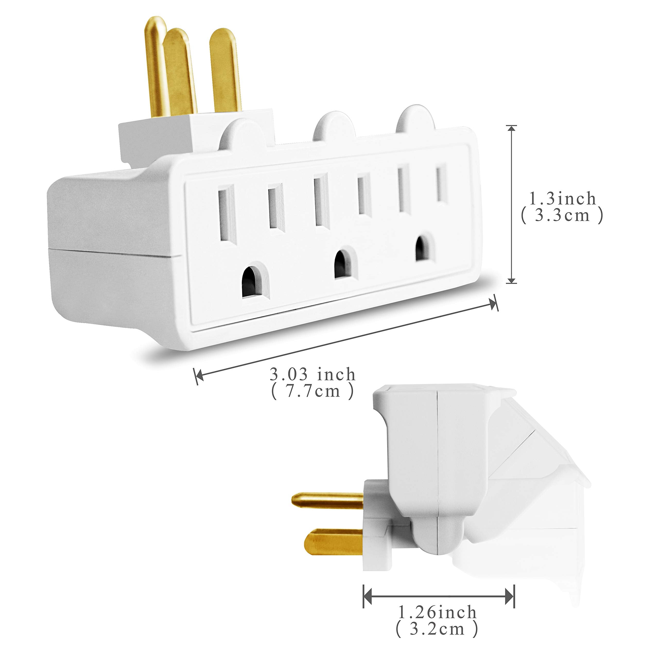 3 Outlet Swivel Wall Adapter, Grounded 180 Degree Electrical Plug Adapter, 3-Prong Outlet Tap, Ground Adapter Plug, Indoor Rated